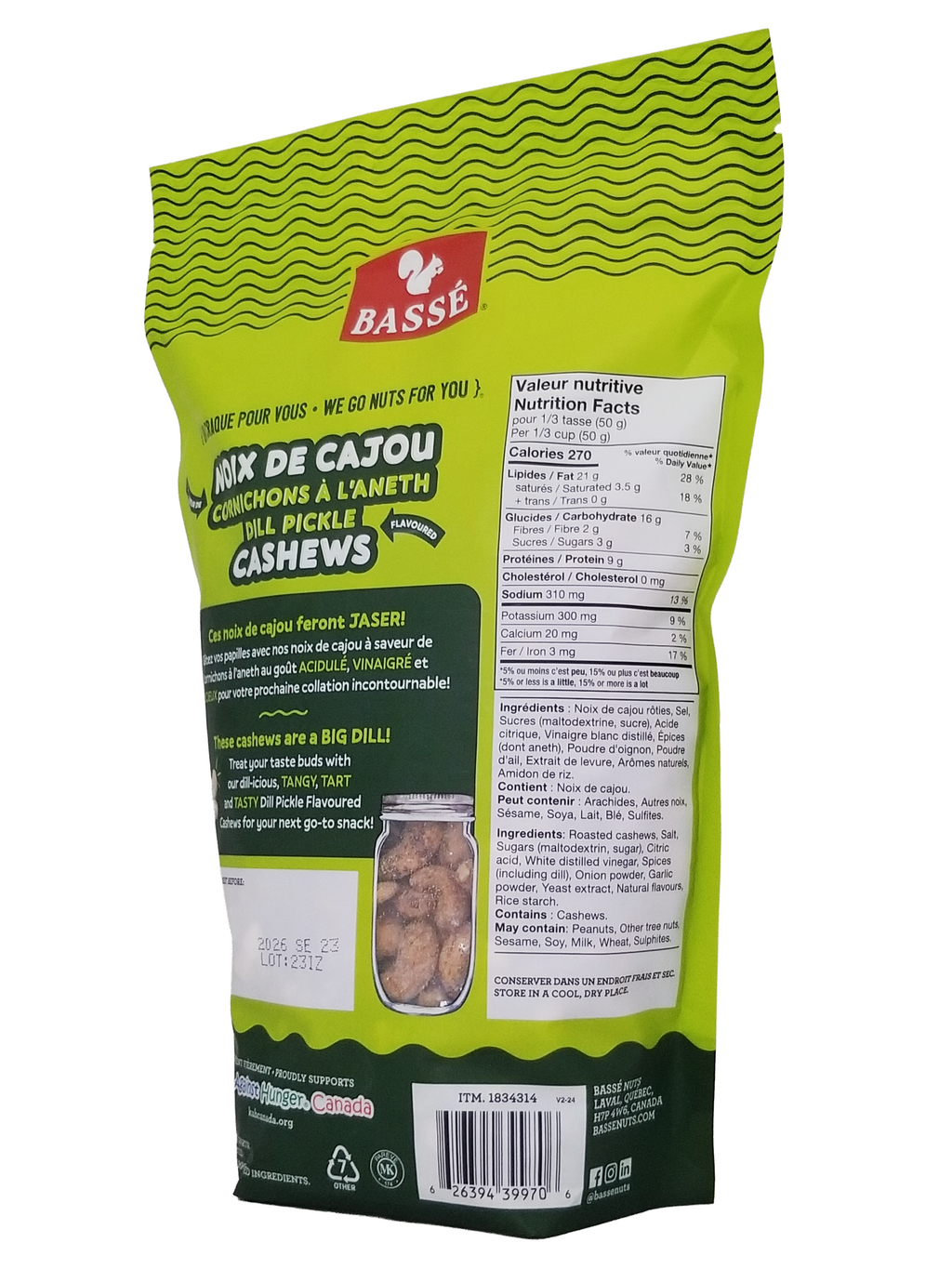 Green package of Basse Pickle Flavoured Cashews with text and branding.
