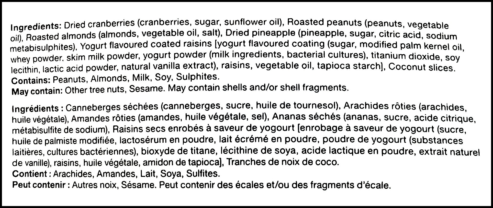 Ingredients label of Basse Island Mix, 415g/14.6 oz., Bag