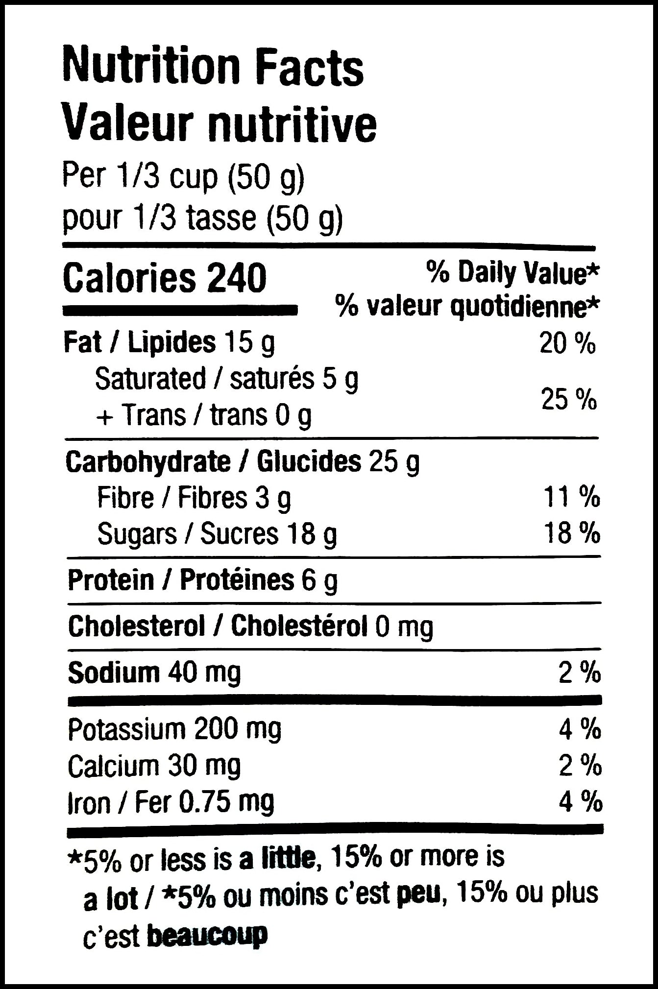 Nutrition facts label of Basse Island Mix, 415g/14.6 oz., Bag