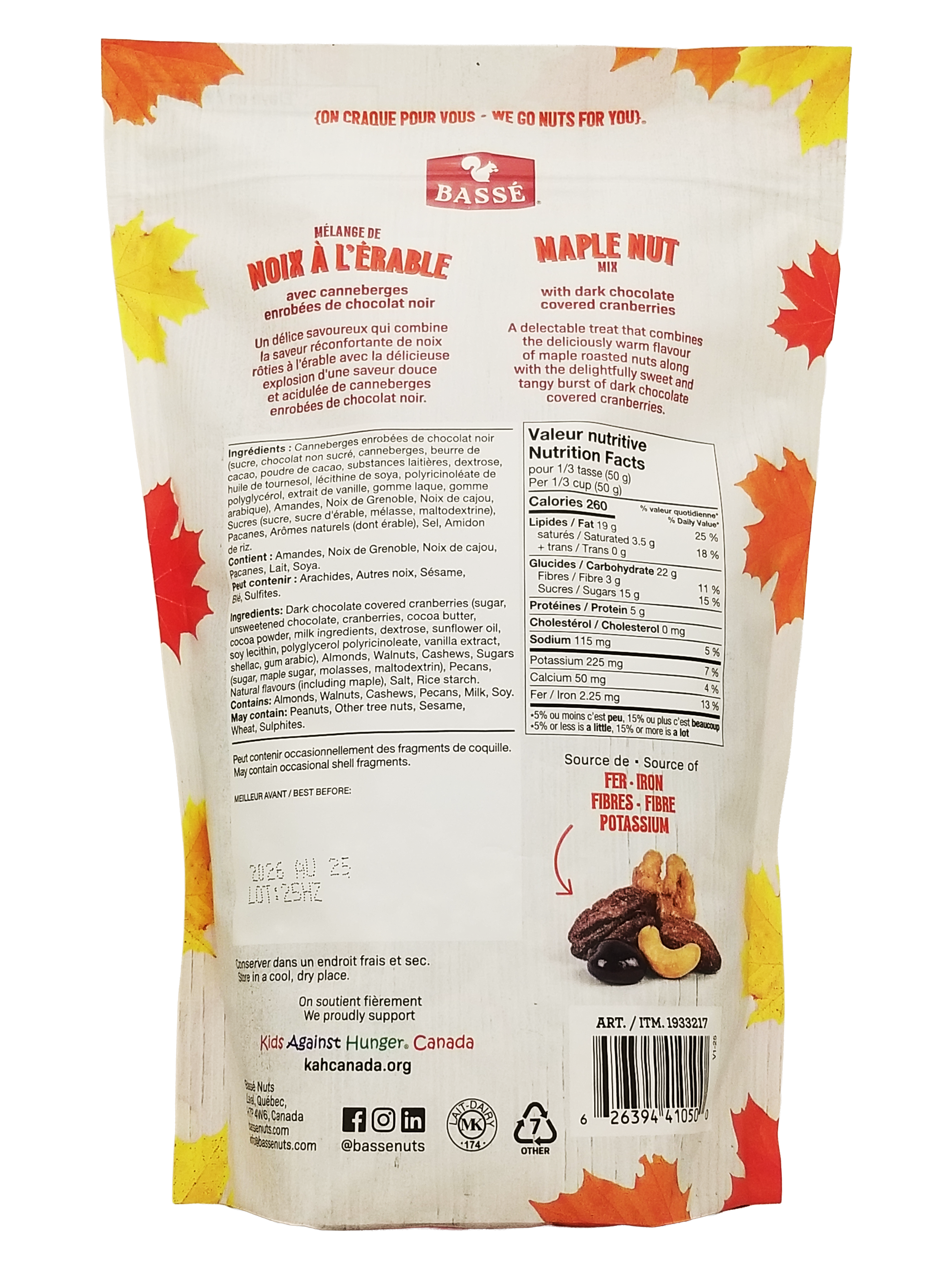 Back of a Basse Maple Nut mix packaging with nutritional information and branding.