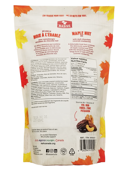 Back of a Basse Maple Nut mix packaging with nutritional information and branding.