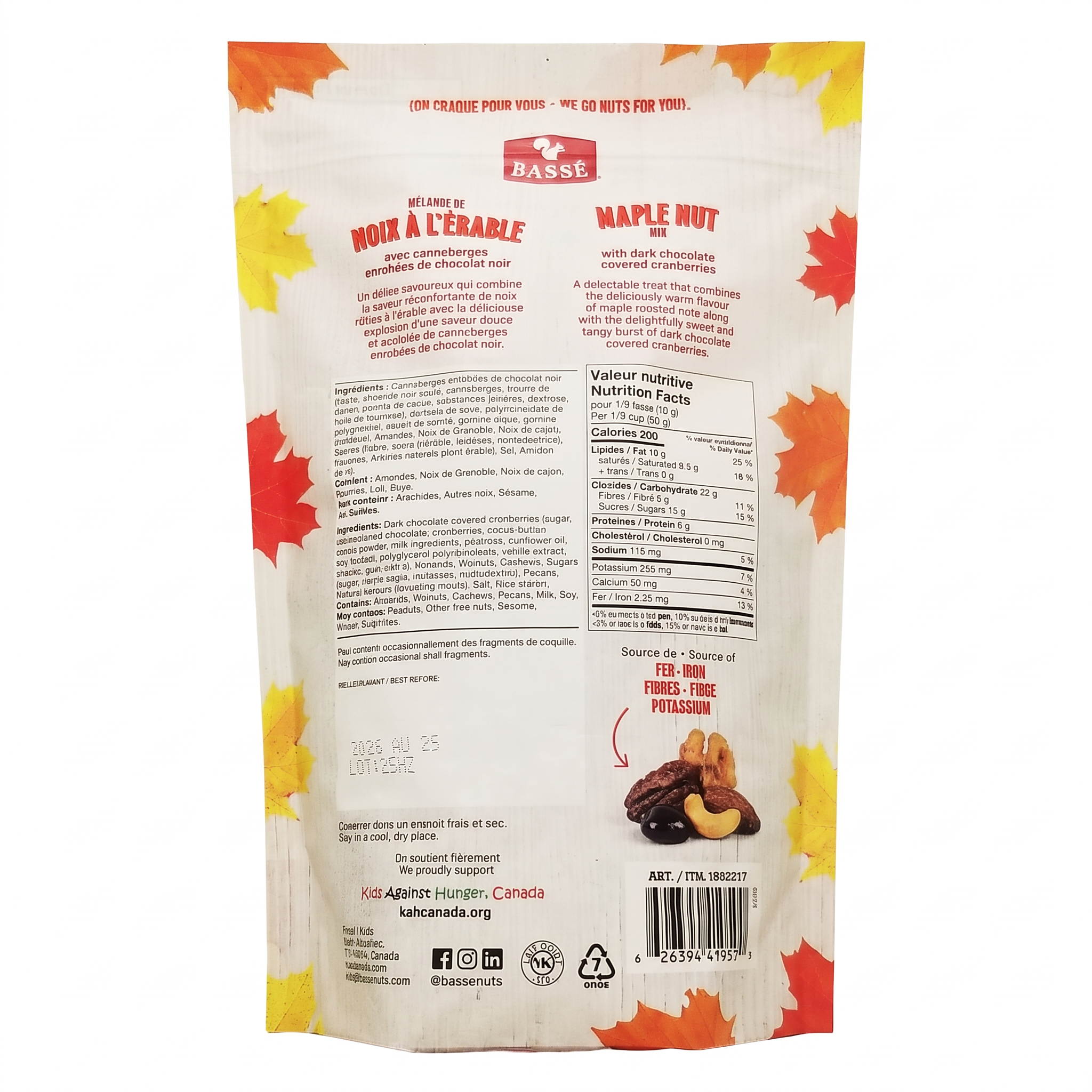 Basse Maple Nut Mix 800 g resealable bag, back package view