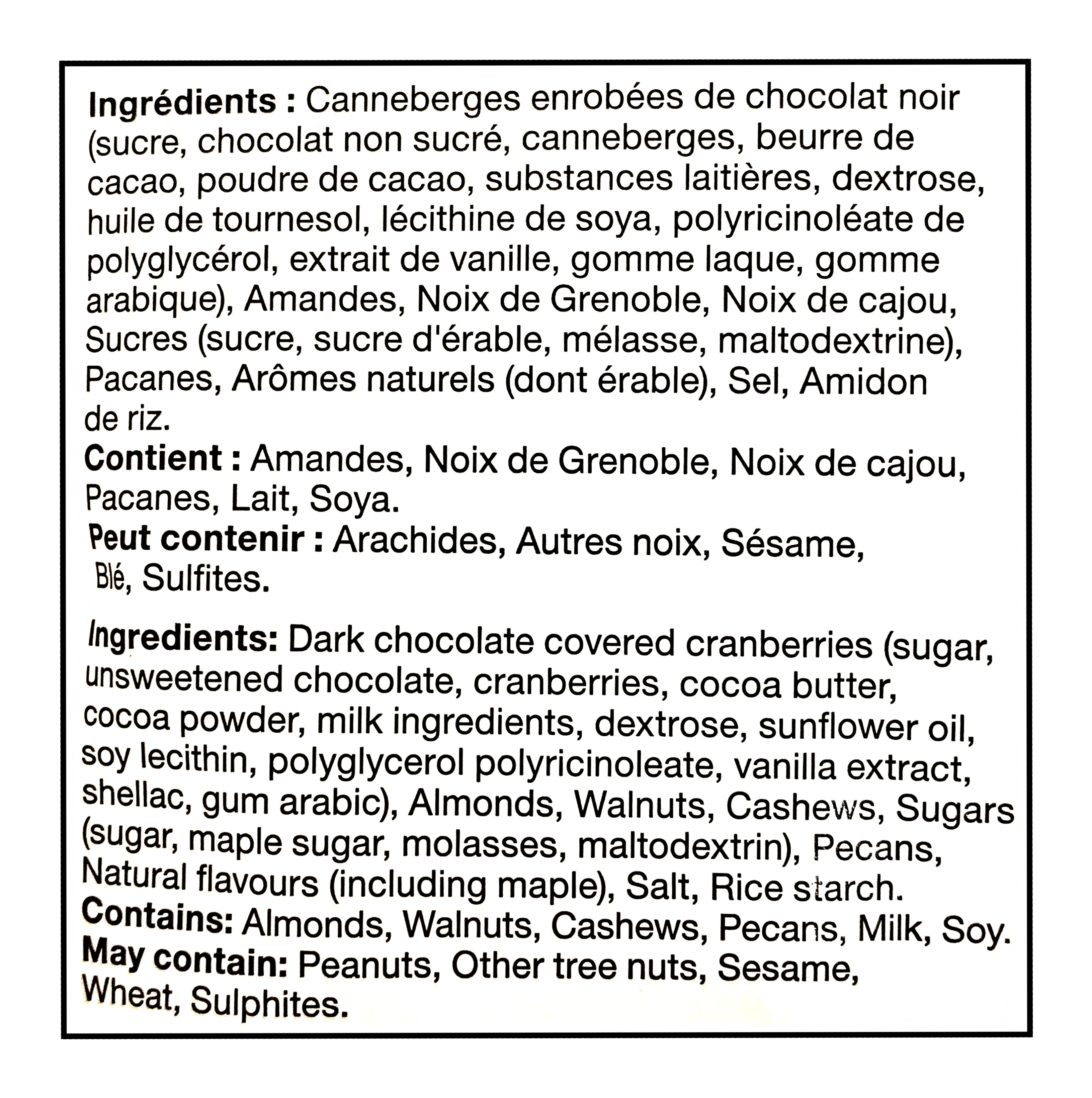 Ingredients list for Basse Maple Nut Mix, 800g on a white background