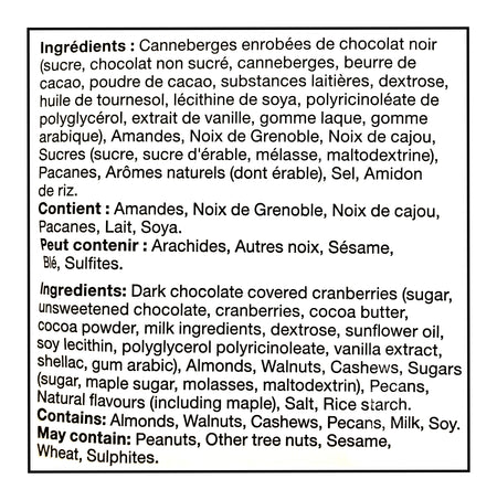 Ingredients list for Basse Maple Nut Mix, 800g on a white background