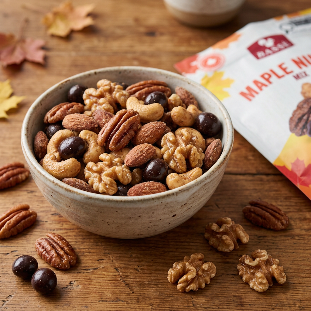 Basse Maple Nut Mix with almonds, cashews, walnuts, pecans, and dark chocolate-covered cranberries