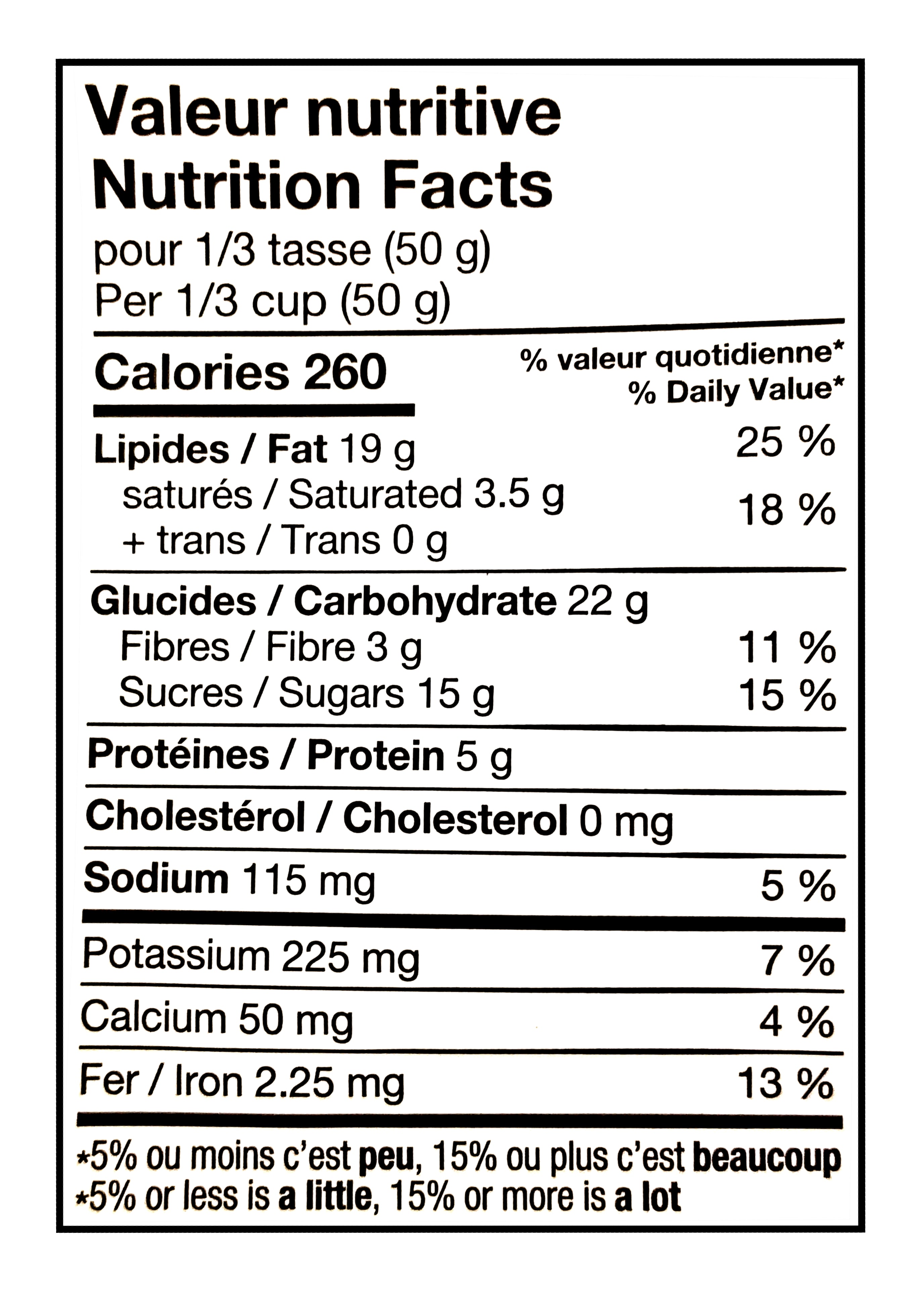 Nutrition facts label for Basse Maple Nut Mix, 800g in French and English
