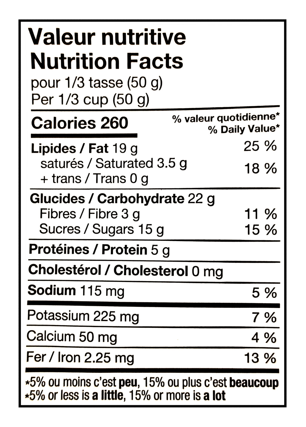 Nutrition facts label for Basse Maple Nut Mix, 800g in French and English
