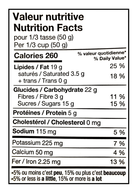 Nutrition facts label for Basse Maple Nut Mix, 800g in French and English