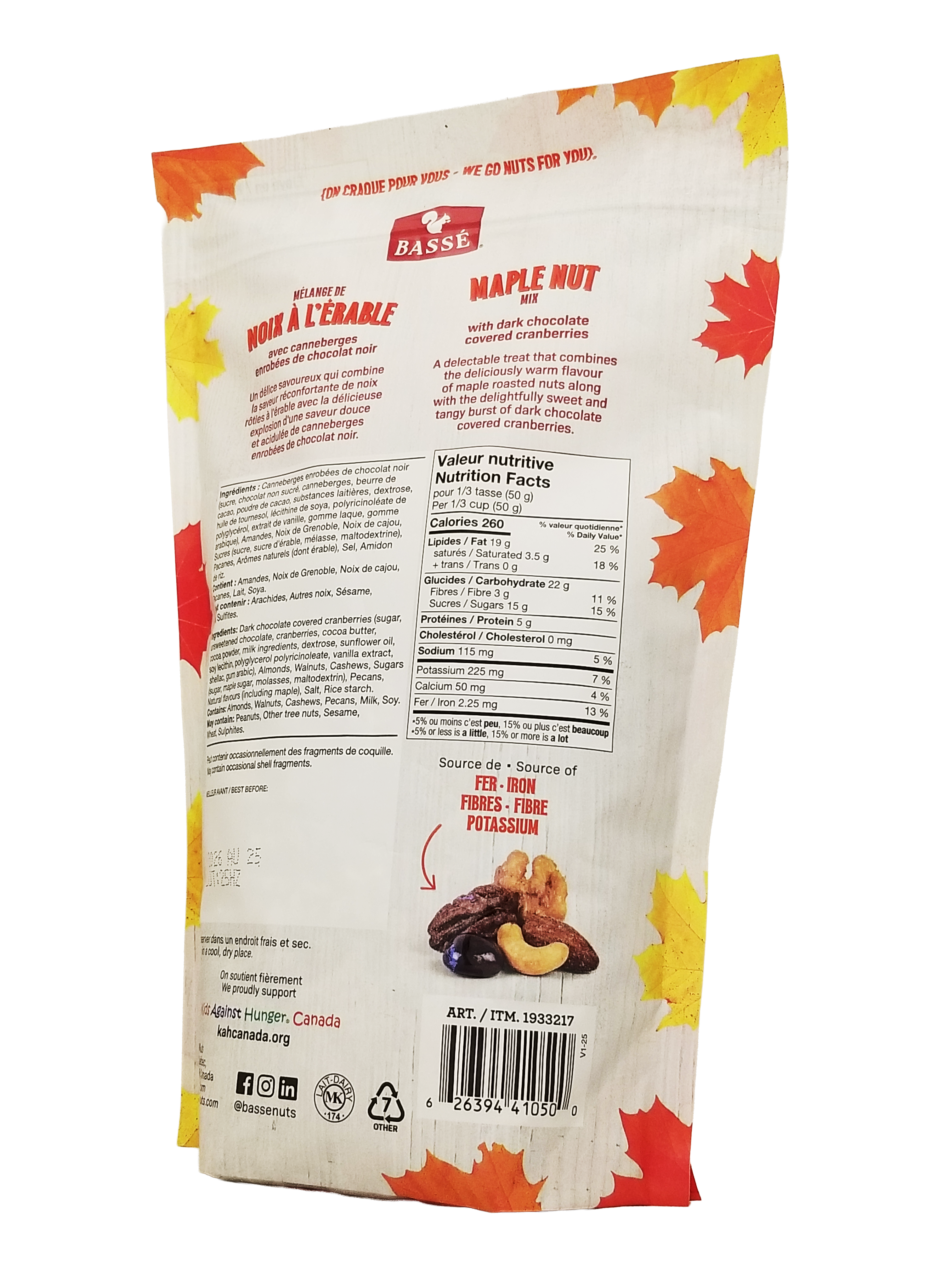 Back view of a Basse Maple Nut Mix, 800g package with nutritional information and brand logo.