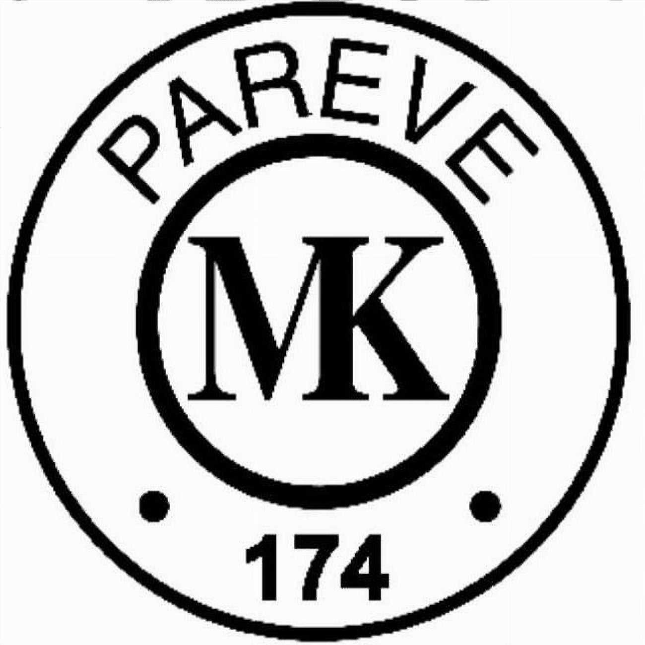 Circular logo with 'PAREVE' at the top and 'MK' in the center, with number '174' below on a white background.