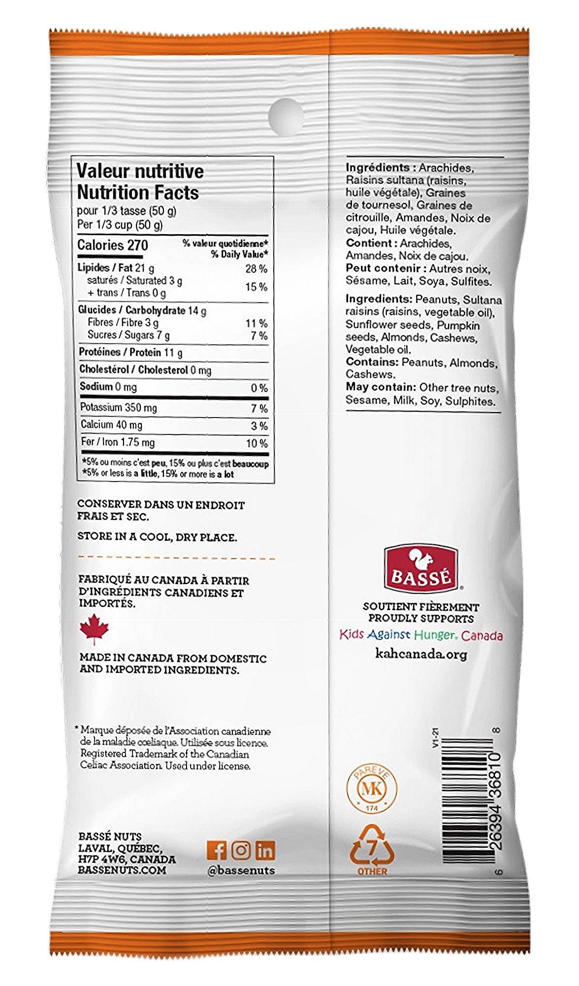 Back of Basse Mountain Peak Mix 130g package with nutritional facts and ingredient list.