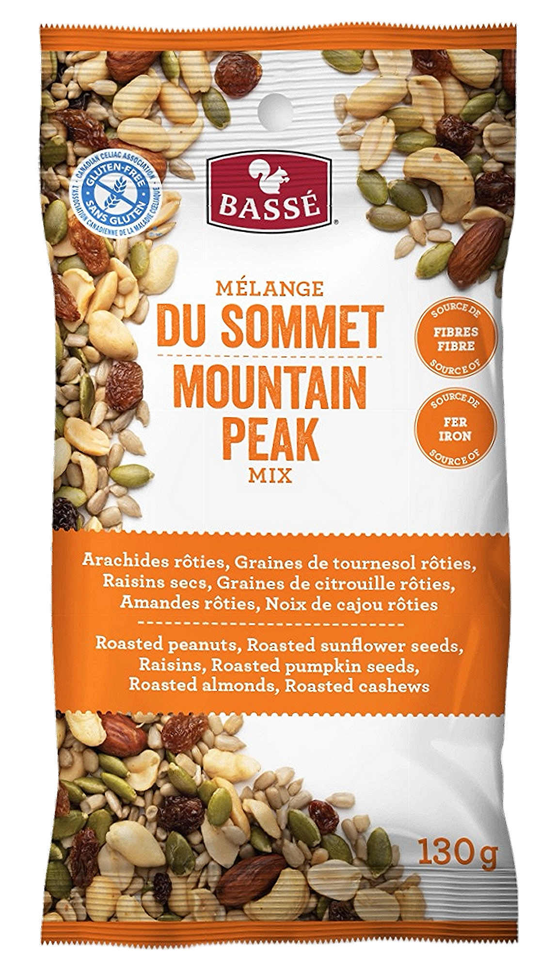 Basse Mountain Peak trail mix 130g packaging with various nuts and seeds on a white background