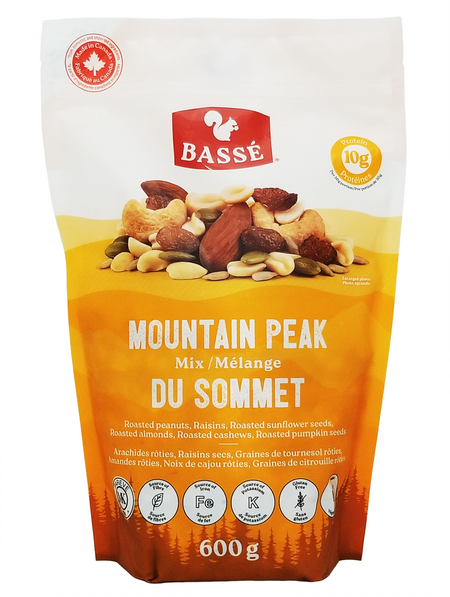 Basse's Mountain Peak Mix 600g packaging with a white and orange design.