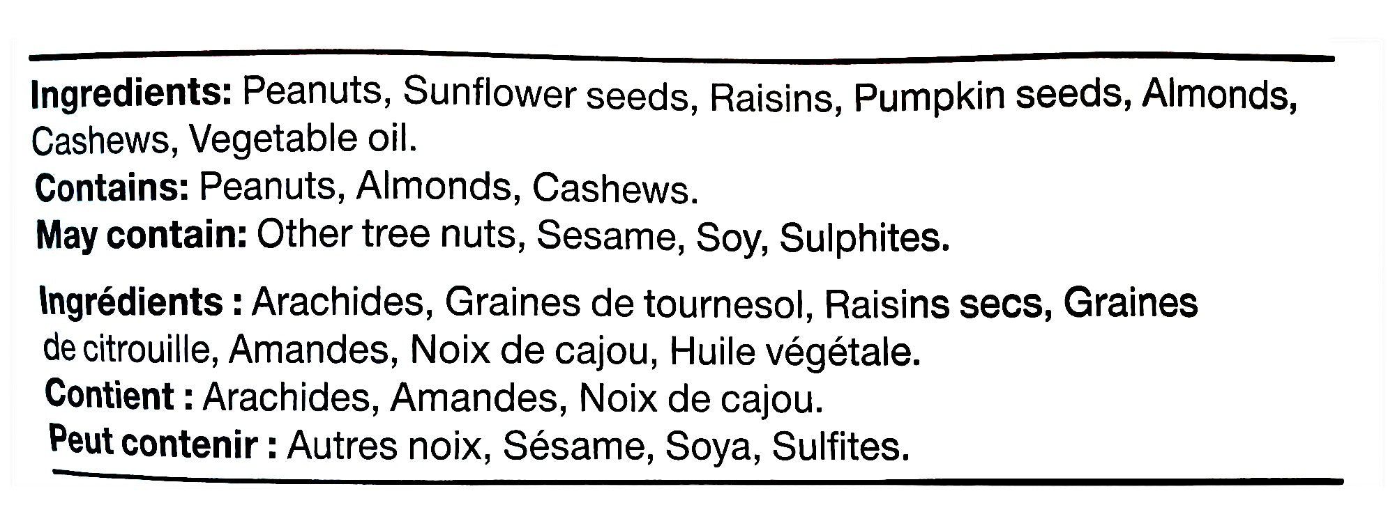 Basse Mountain Peak Mix 600g, ingredients label.