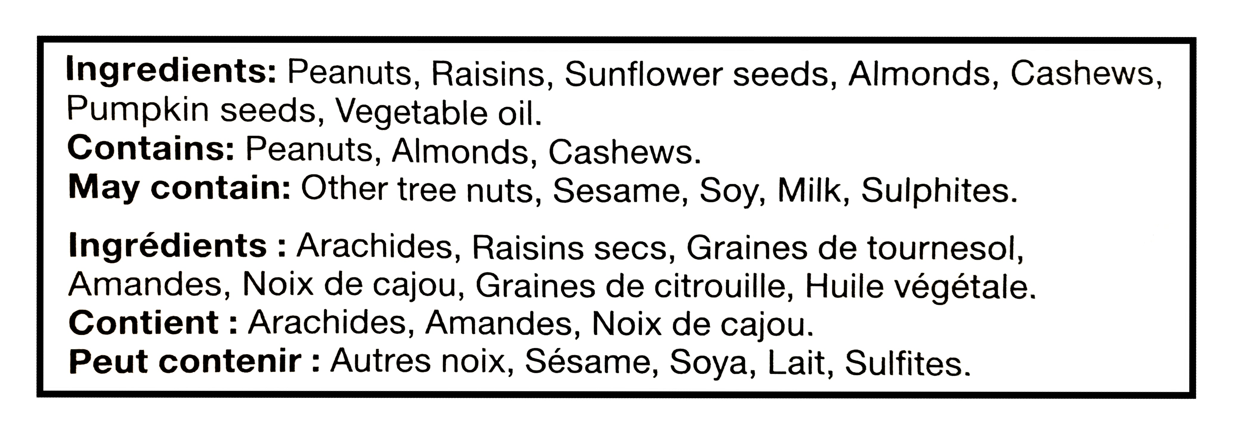 Allergen warning label with ingredients and allergens listed for Basse Mountain Peak Mix 600g