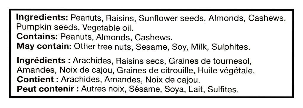 Allergen warning label with ingredients and allergens listed for Basse Mountain Peak Mix 600g