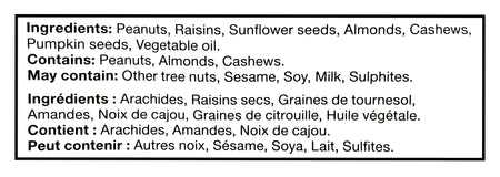 Allergen warning label with ingredients and allergens listed for Basse Mountain Peak Mix 600g