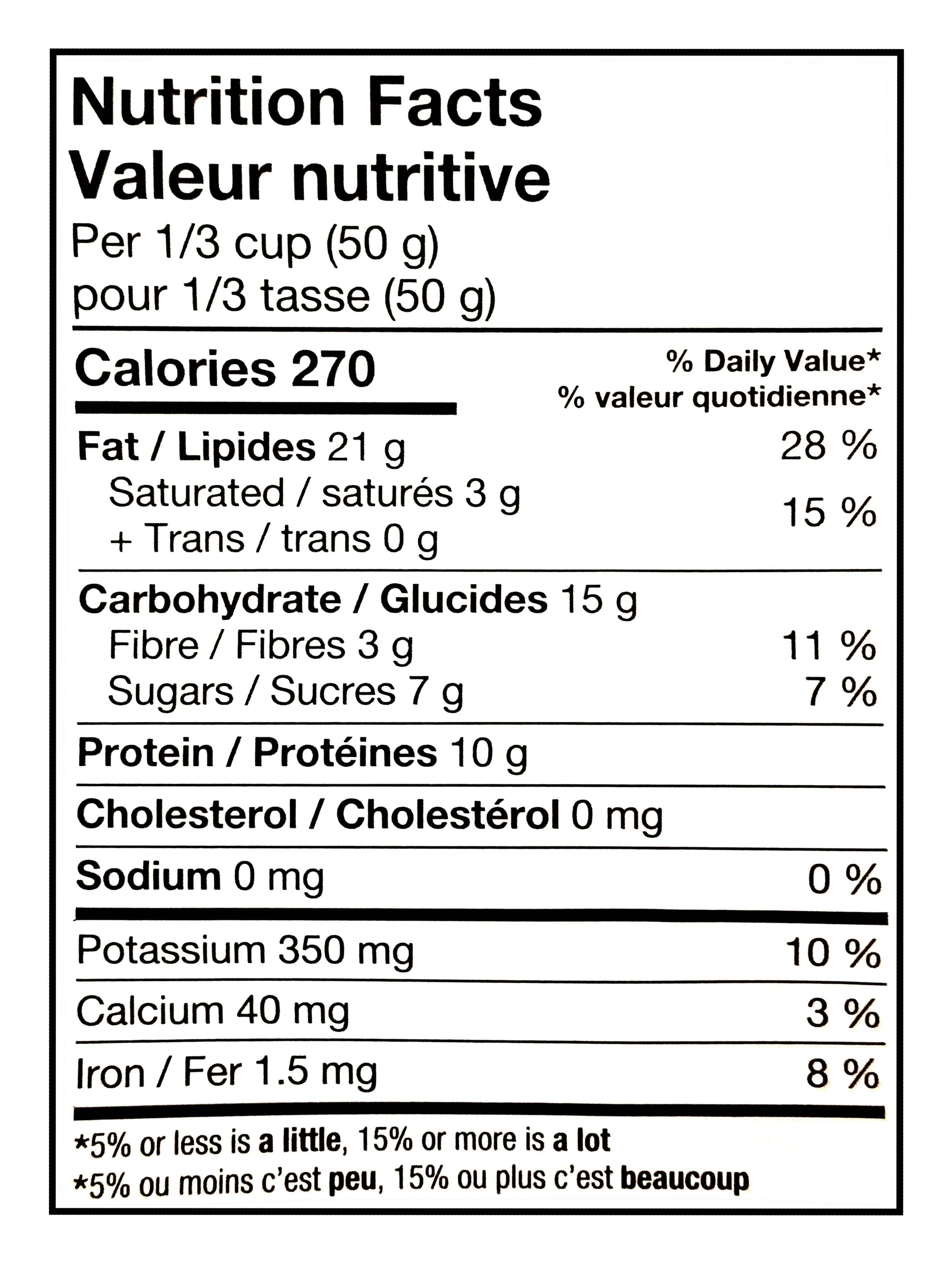 Nutrition facts label for Basse Mountain Peak Mix 600g