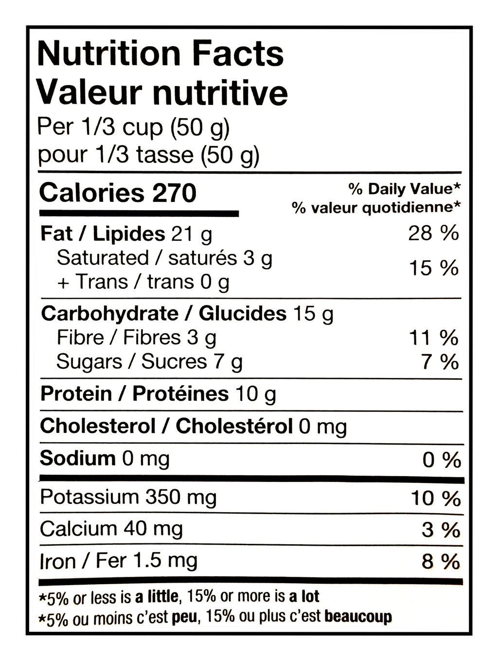 Nutrition facts label for Basse Mountain Peak Mix 600g