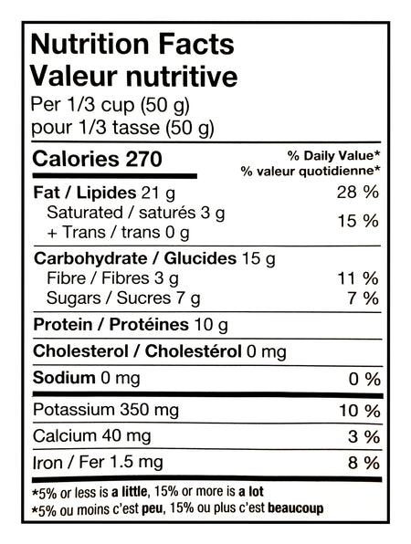 Nutrition facts label for Basse Mountain Peak Mix 600g