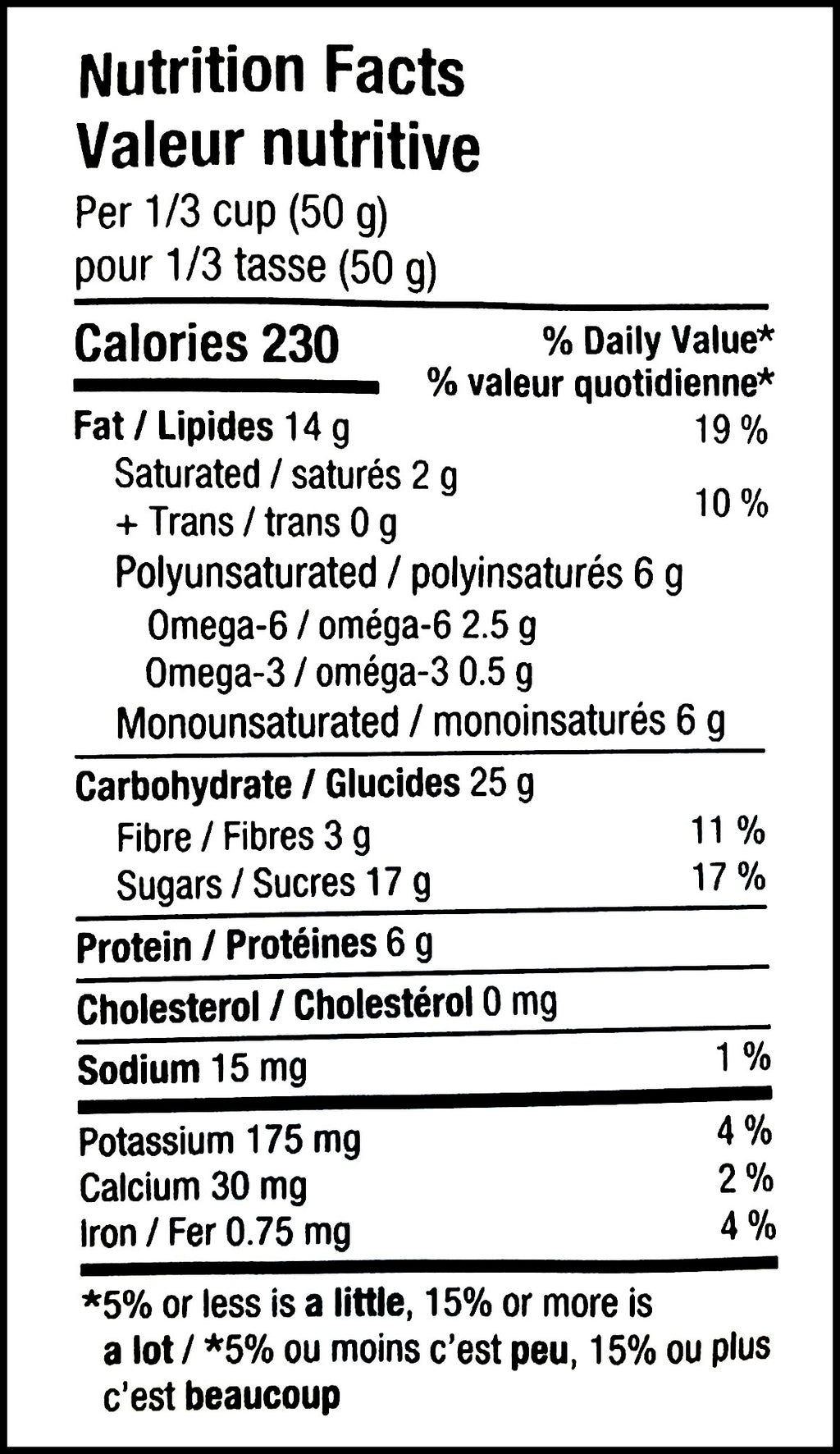 Nutrition facts label of Basse Omega Mix, 415g/14.6 oz., Bag