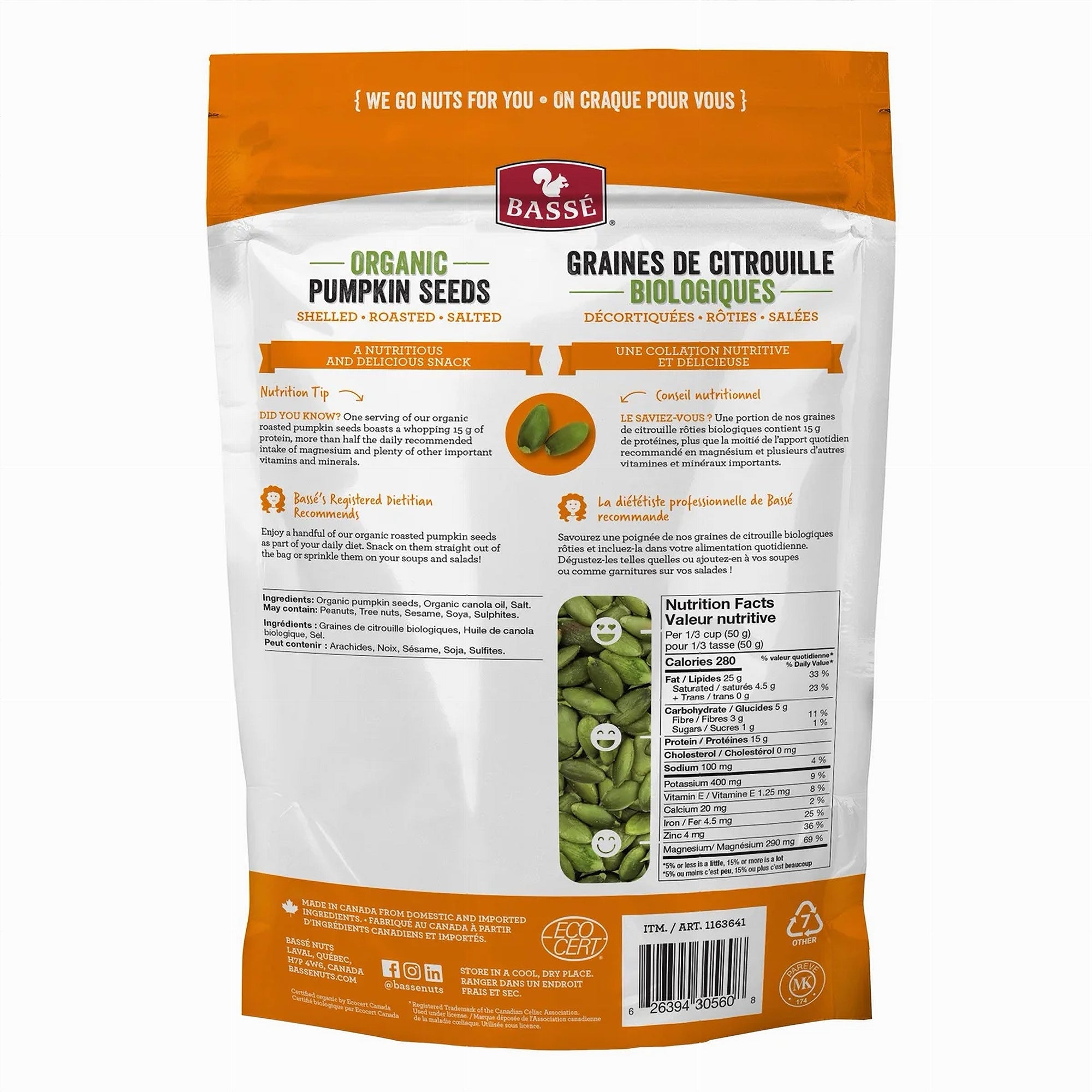 Basse Organic Pumpkin Seeds packaging - 1.2kg, with nutritional information on a white background