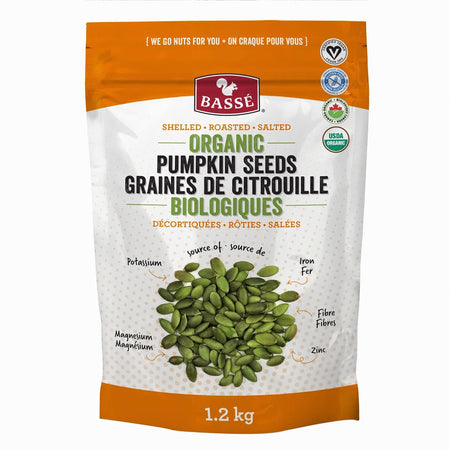 Bag of Basse Organic Pumpkin Seeds - 1.2kg package, with nutritional information on a white background