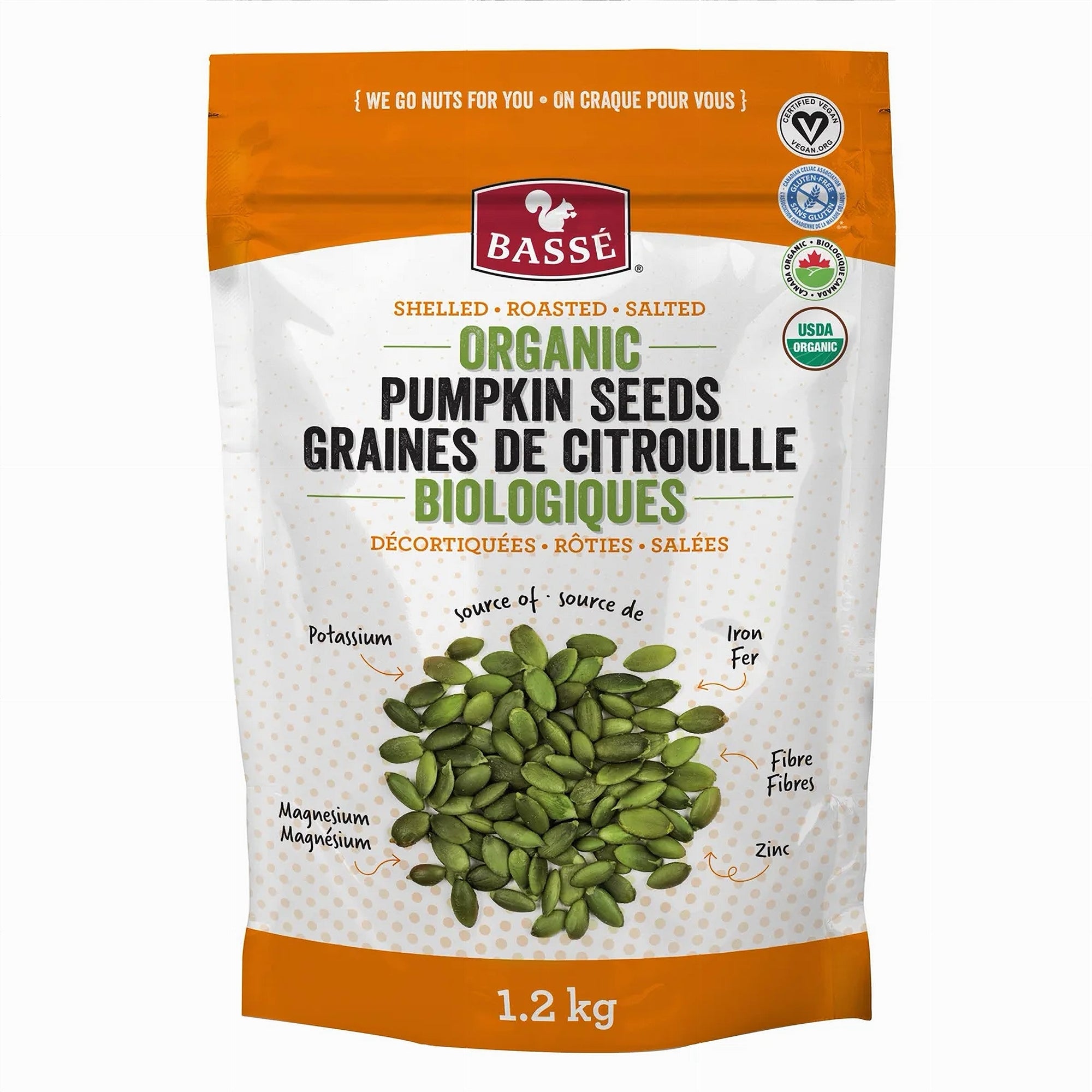 Bag of Basse Organic Pumpkin Seeds - 1.2kg package, with nutritional information on a white background