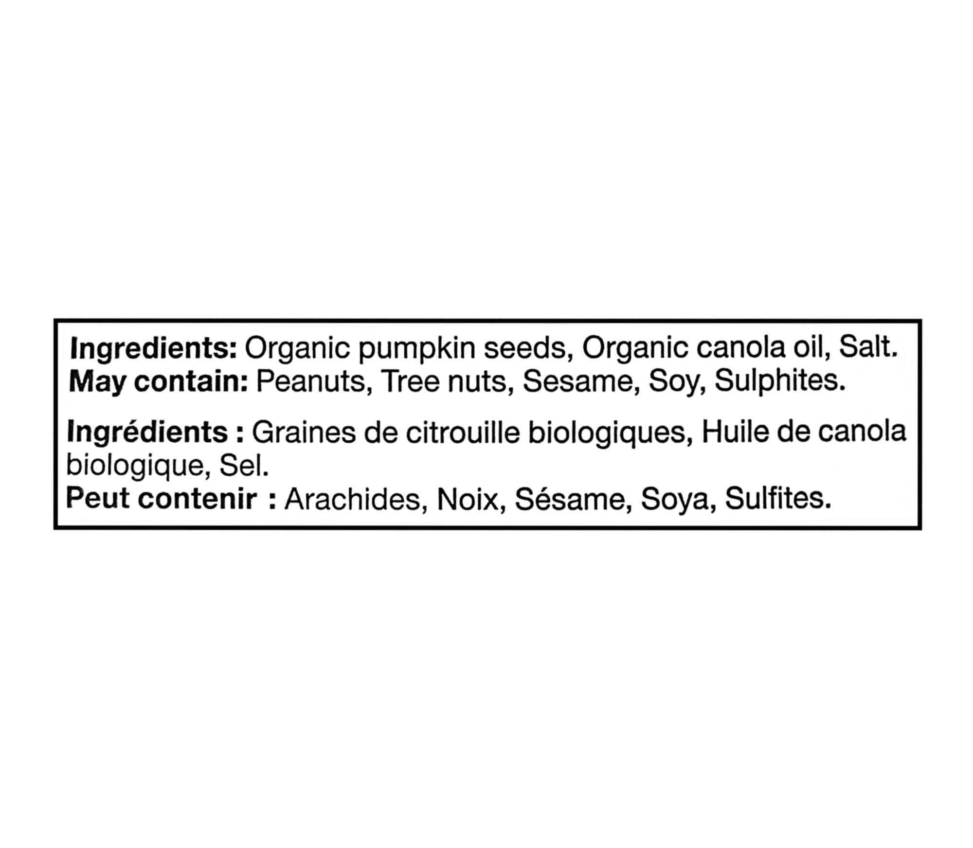 Ingredients list for a Basse Organic Pumpkin Seeds - 1.2kg package, on a white background