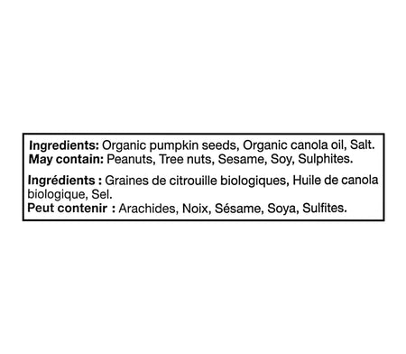 Ingredients list for a Basse Organic Pumpkin Seeds - 1.2kg package, on a white background