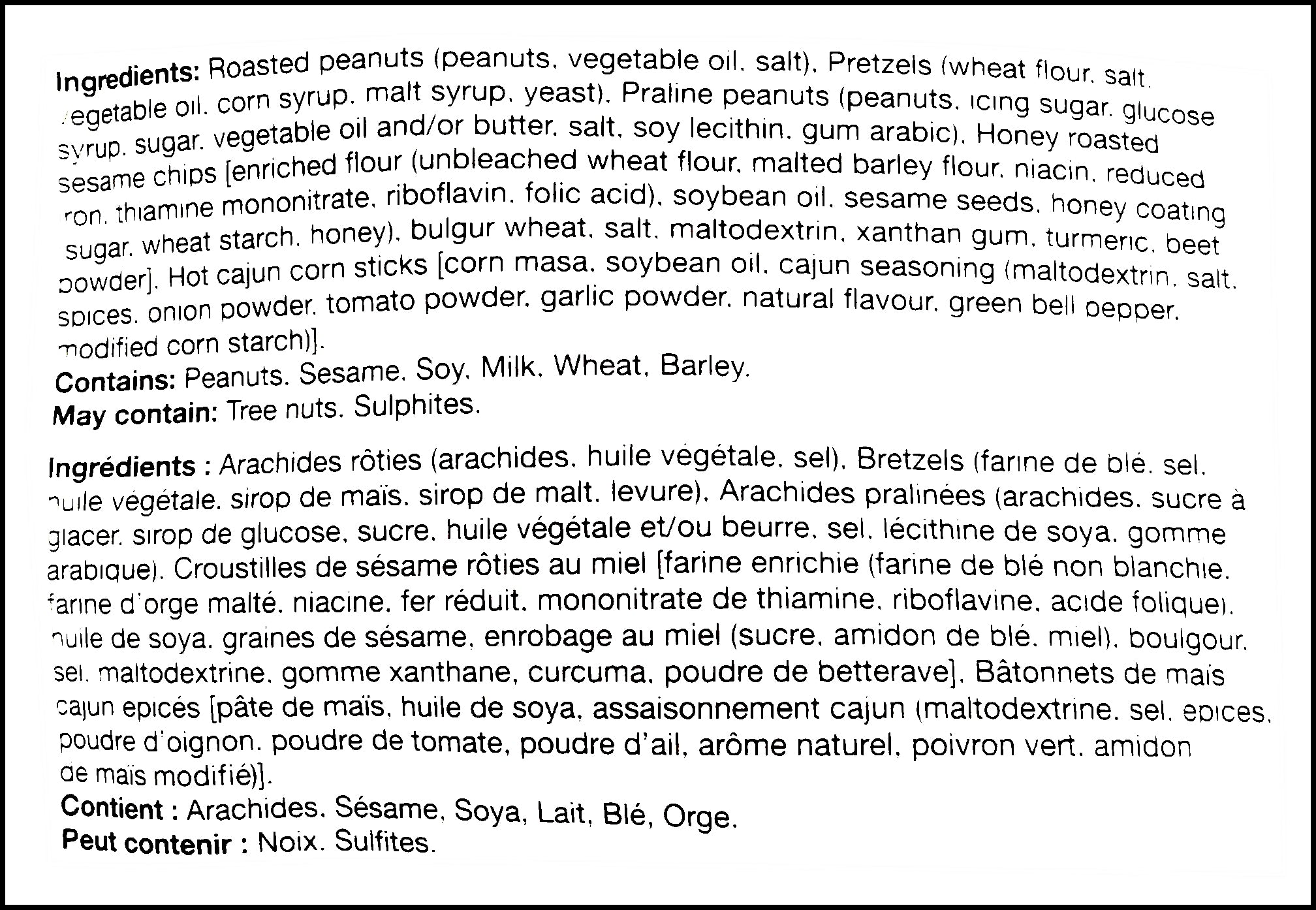 Ingredients label of Basse Sweet & Spicy Pub Mix, 415g/14.6 oz., Bag