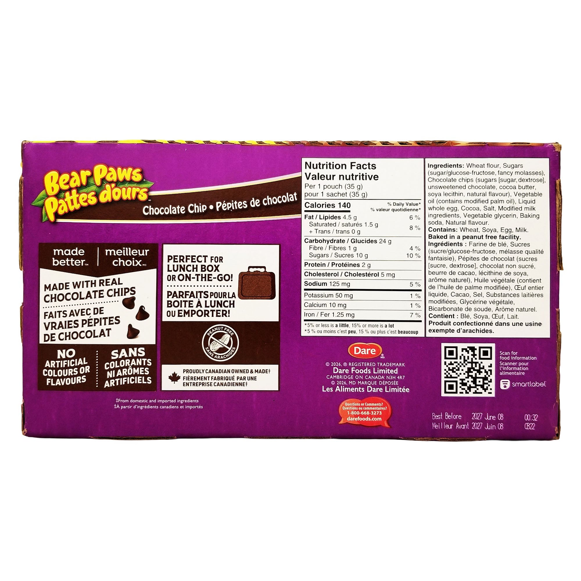 Back of Dare Bear Paws Chocolate Chip Cookies box showing nutrition, ingredients, lunchbox messaging, and Canadian manufacture.
