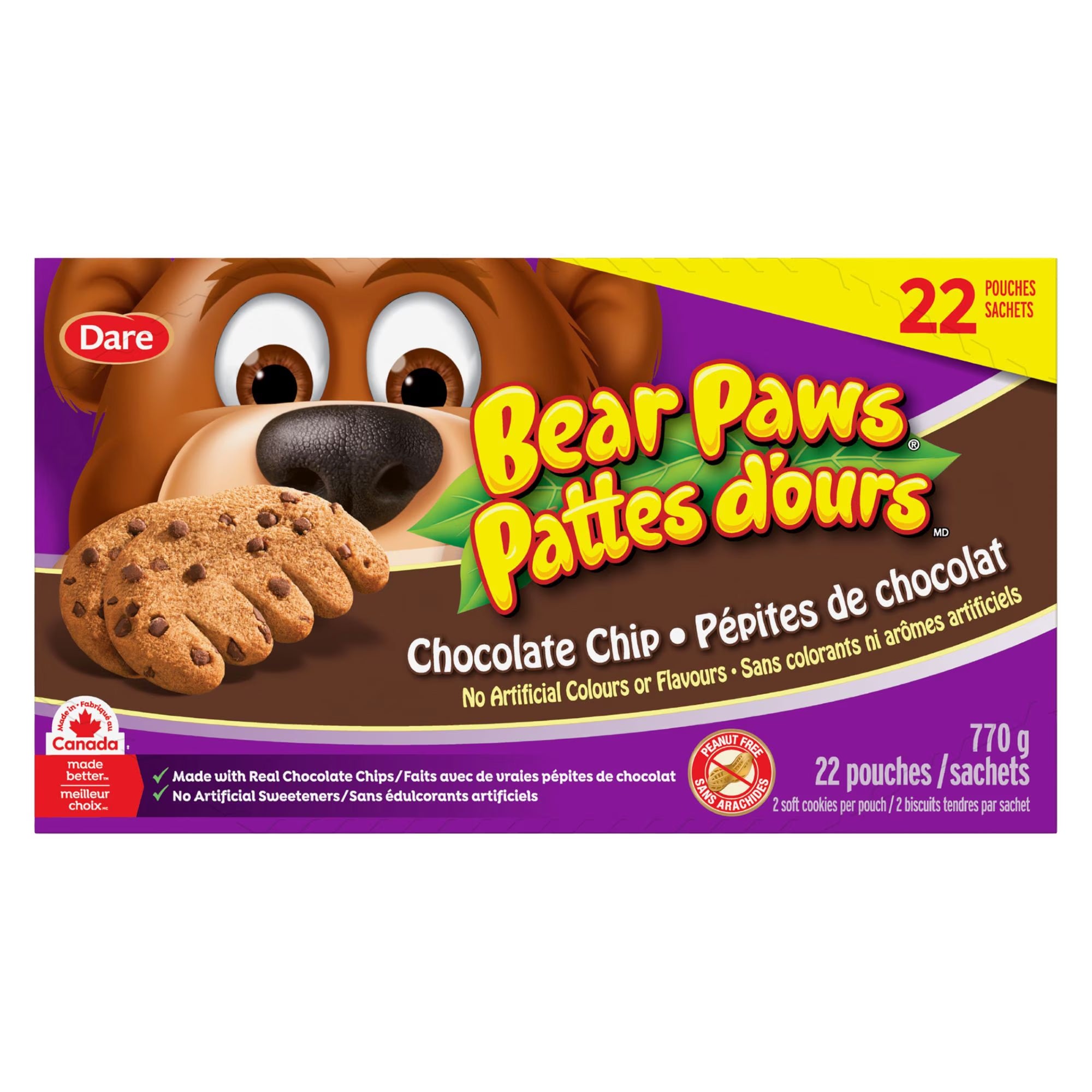 Dare Bear Paws Chocolate Chip Cookies, 22 pouches, 770 g box with bear mascot and paw-shaped cookies.