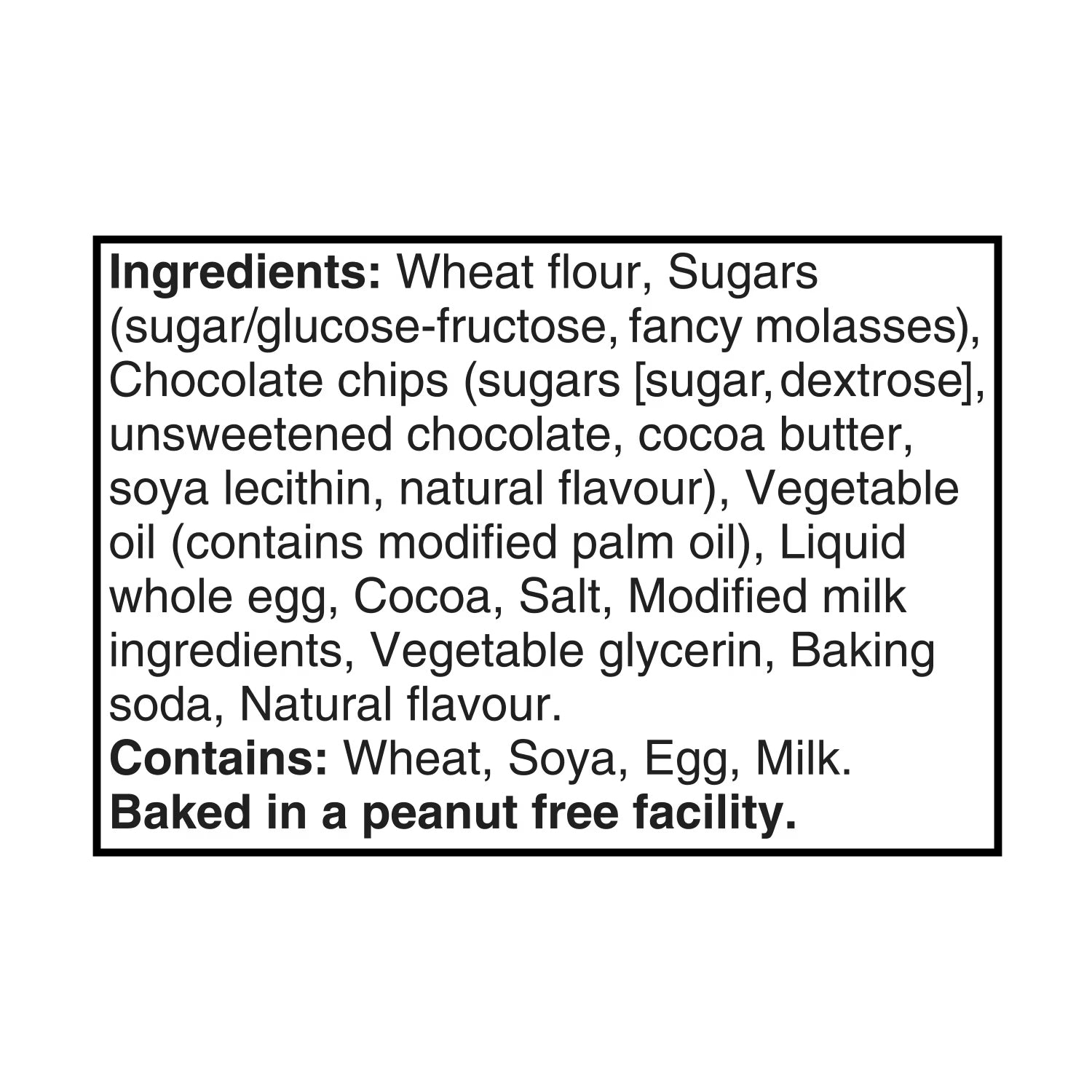 Bear Paws Chocolate Chip Cookies English ingredients; contains wheat, soy, egg, and milk. Baked in a peanut-free facility.