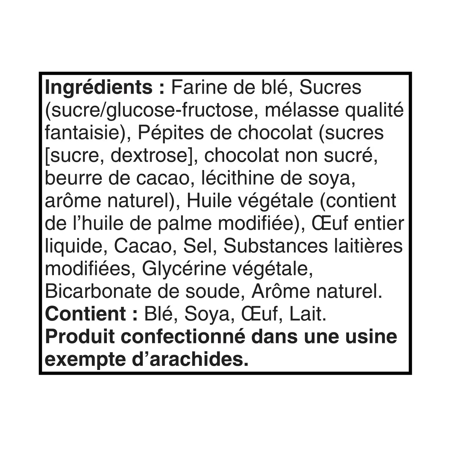 French ingredients and allergen statement for Bear Paws Chocolate Chip Cookies, noting a peanut-free facility.