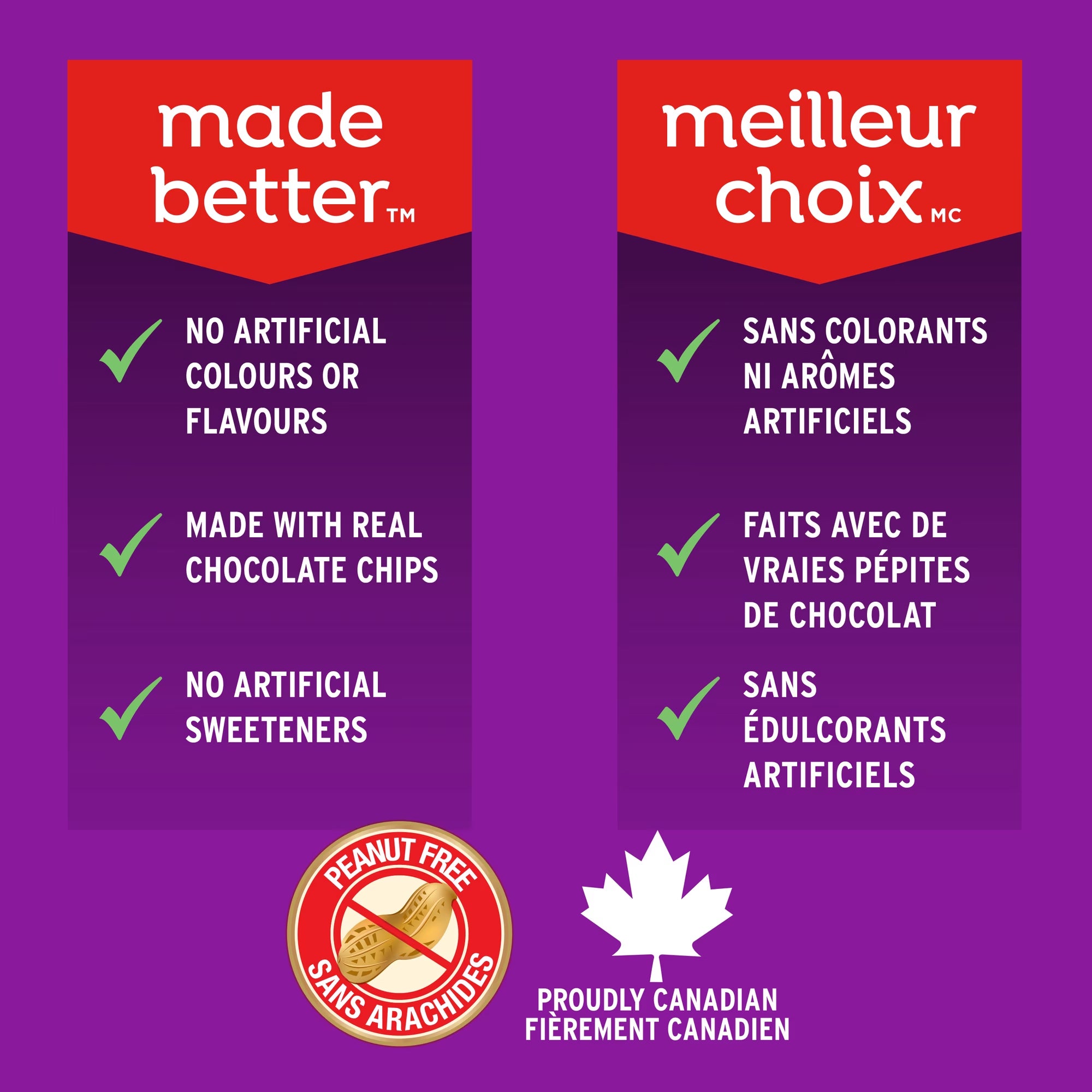 Bear Paws bilingual Made Better graphic highlighting real chocolate chips, no artificial colors, flavors, or sweeteners, and peanut-free status.