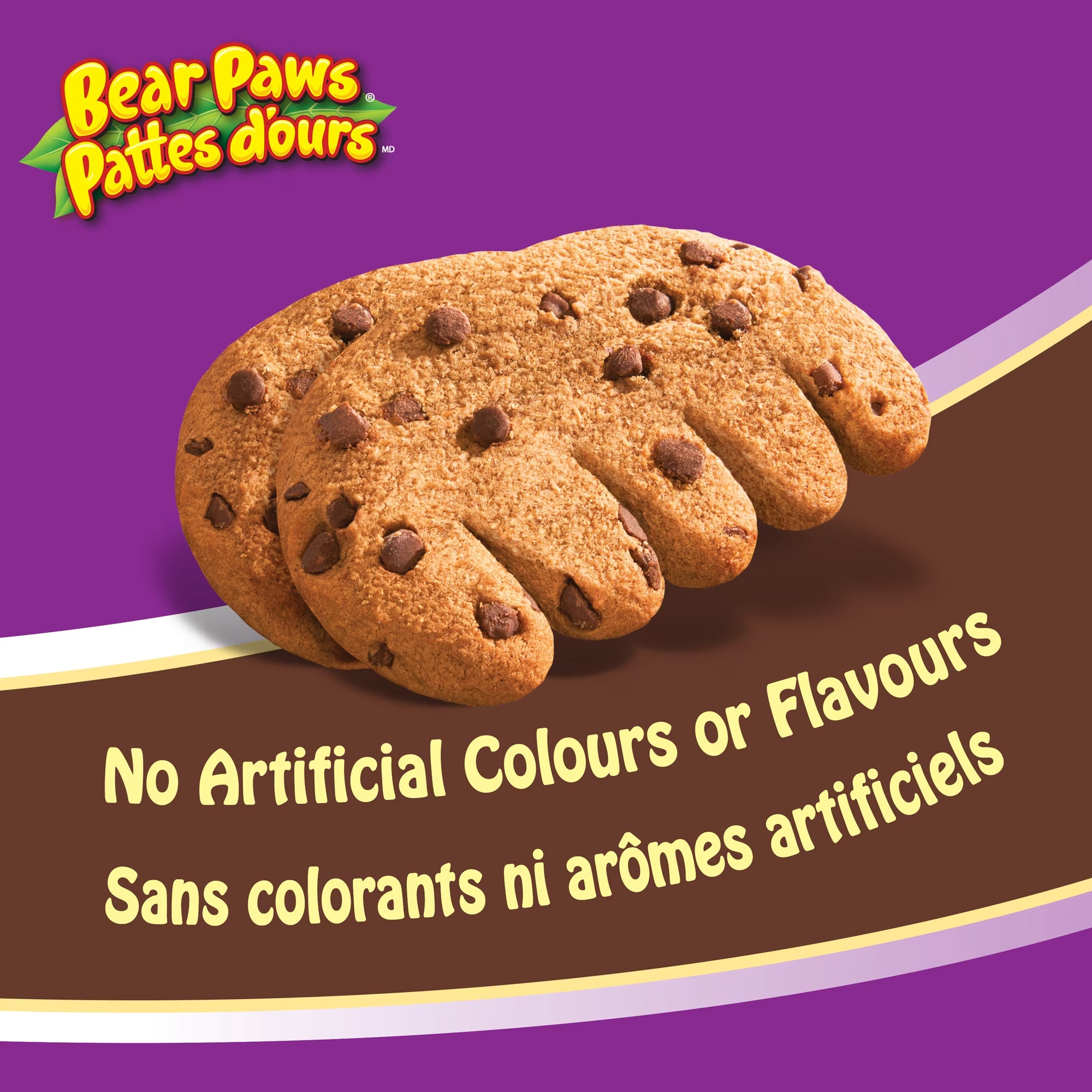 Bear Paws chocolate chip cookie on a purple background with a bilingual no artificial colors or flavors message.