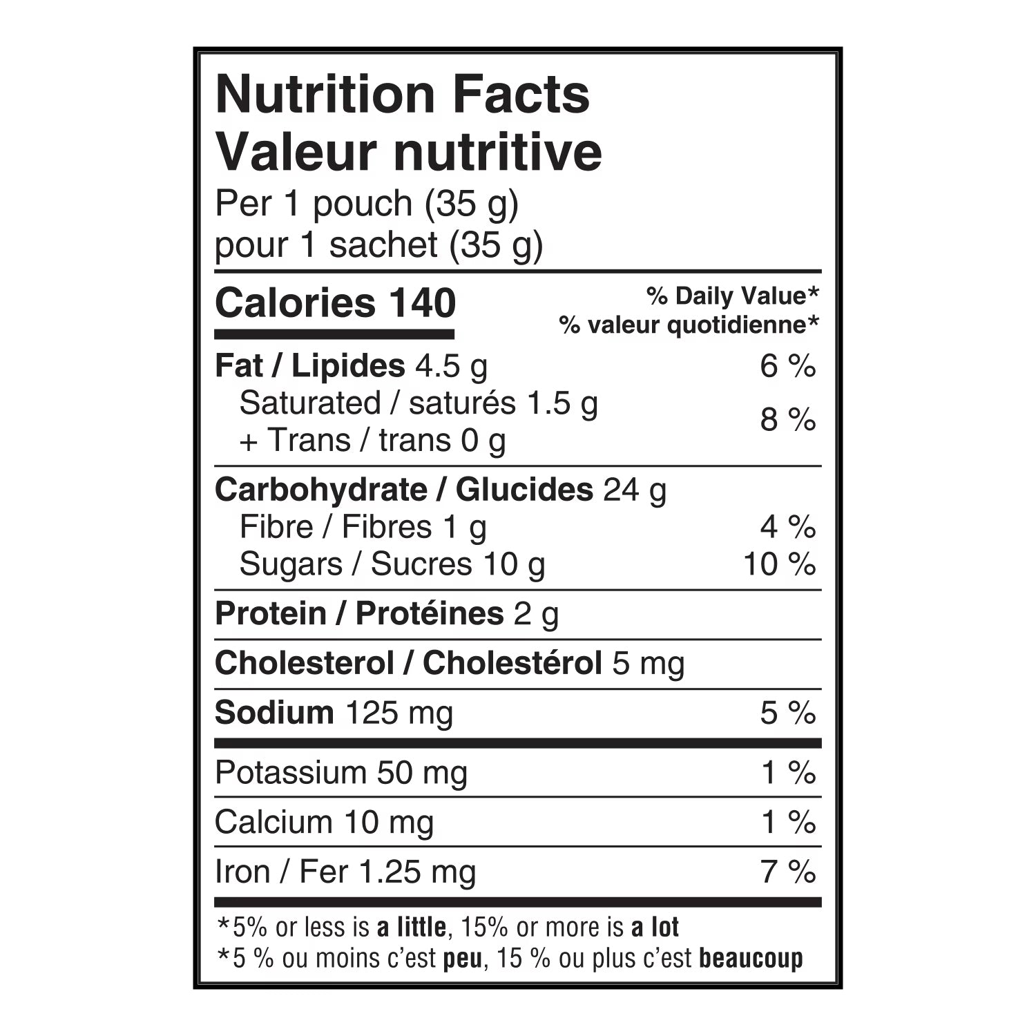 Bilingual Nutrition Facts for Bear Paws Chocolate Chip Cookies, showing 140 calories per 35 g pouch.