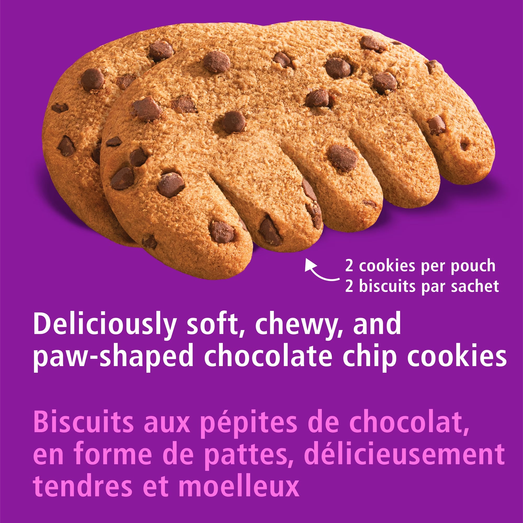 Close-up of two paw-shaped Bear Paws chocolate chip cookies, described as soft and chewy, with two cookies per pouch.