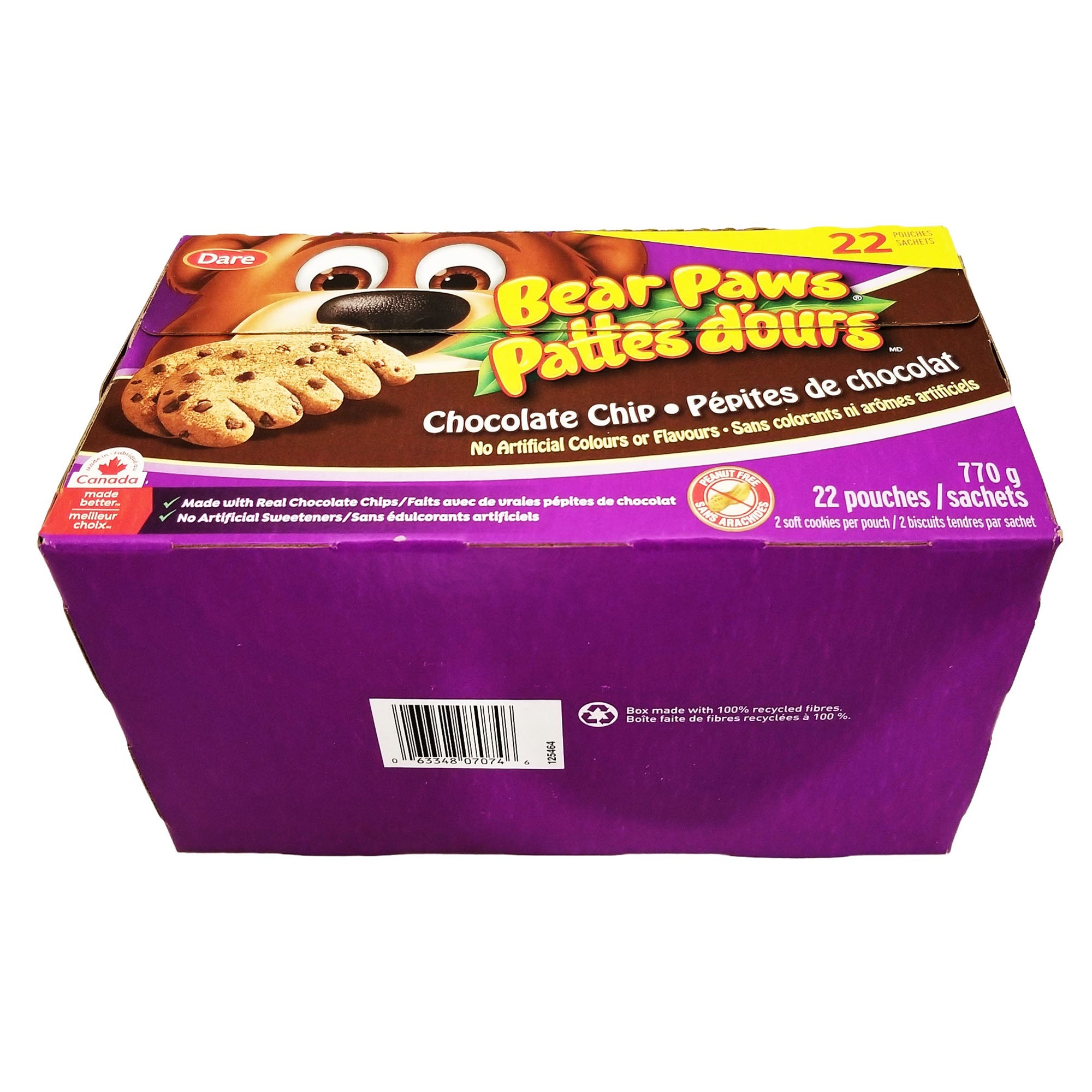 Angled Dare Bear Paws Chocolate Chip Cookies 770 g box showing the front and bottom barcode panel.