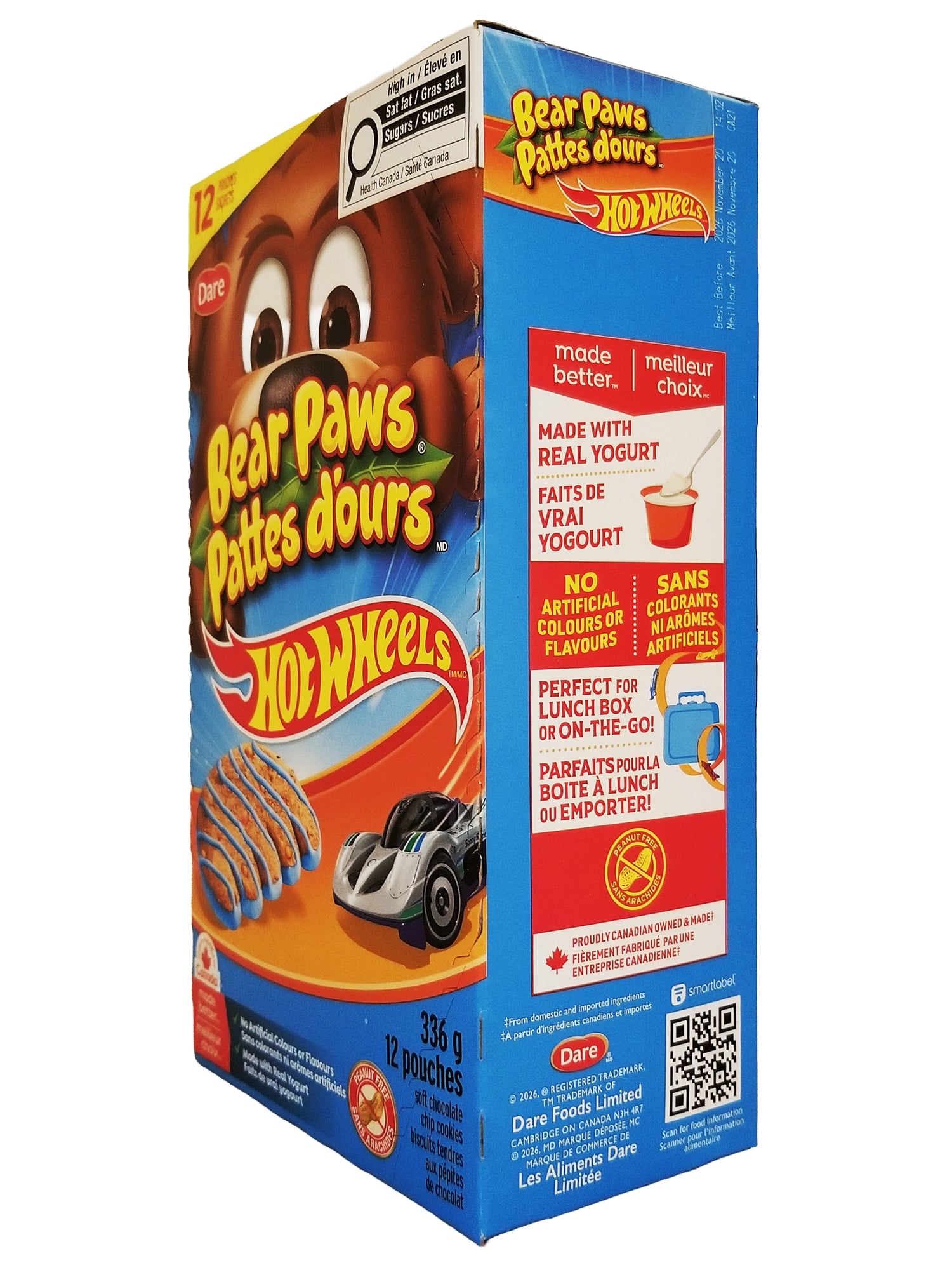Dare Bear Paws Chocolate Chip Vanilla Cookies Hot Wheels 336g angled box view