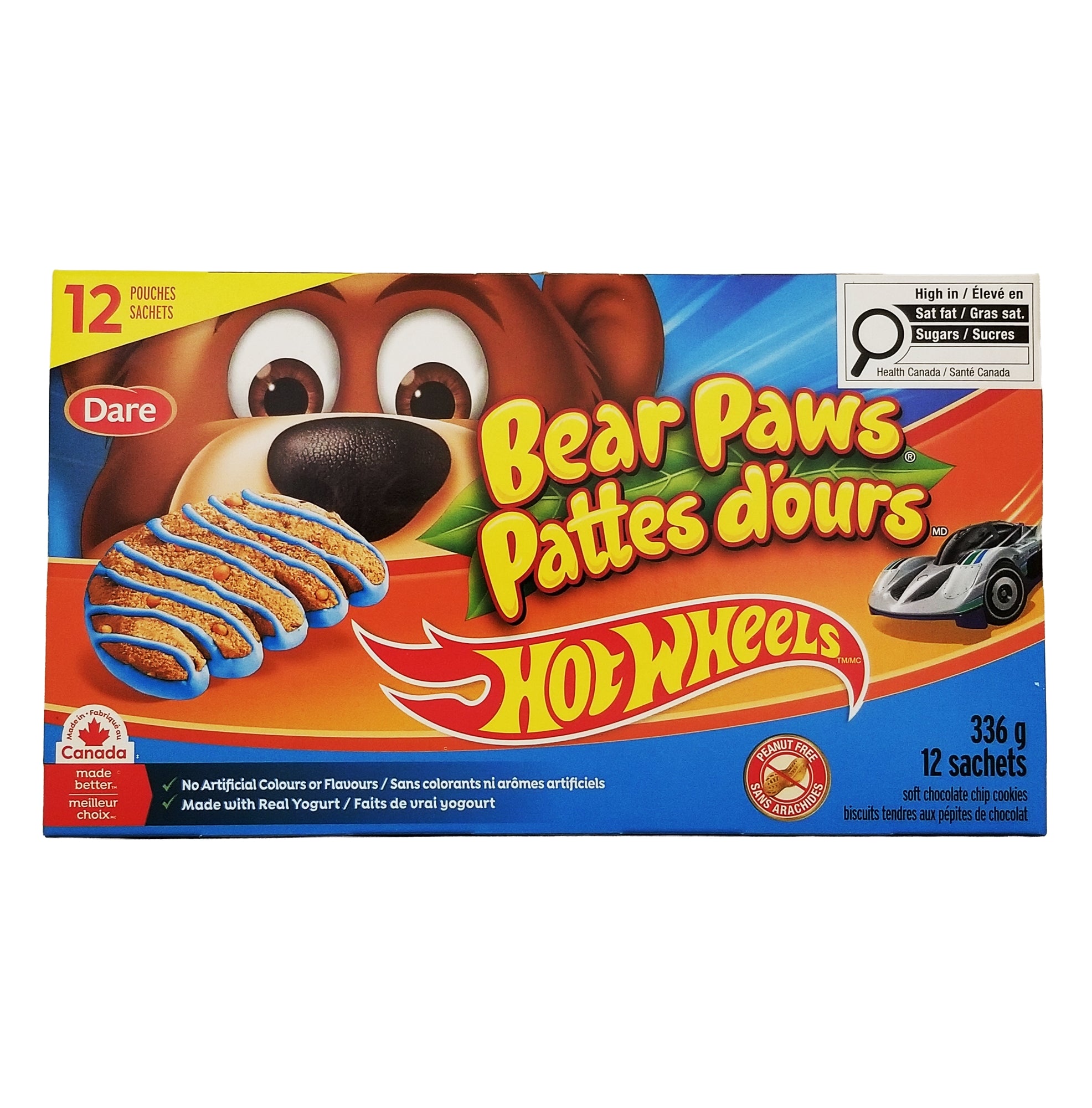 Dare Bear Paws Chocolate Chip Vanilla Cookies Hot Wheels 12-Pack 336g back of box