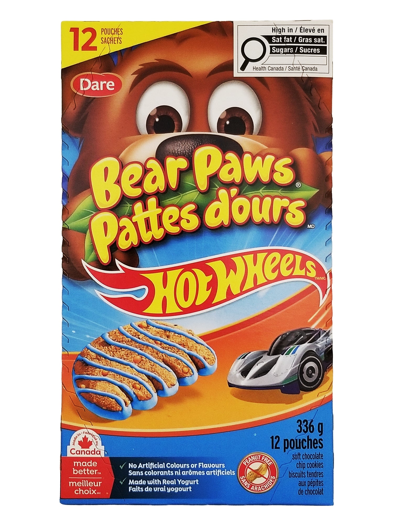 Dare Bear Paws Chocolate Chip Vanilla Cookies Hot Wheels 12-Pack 336g front of box
