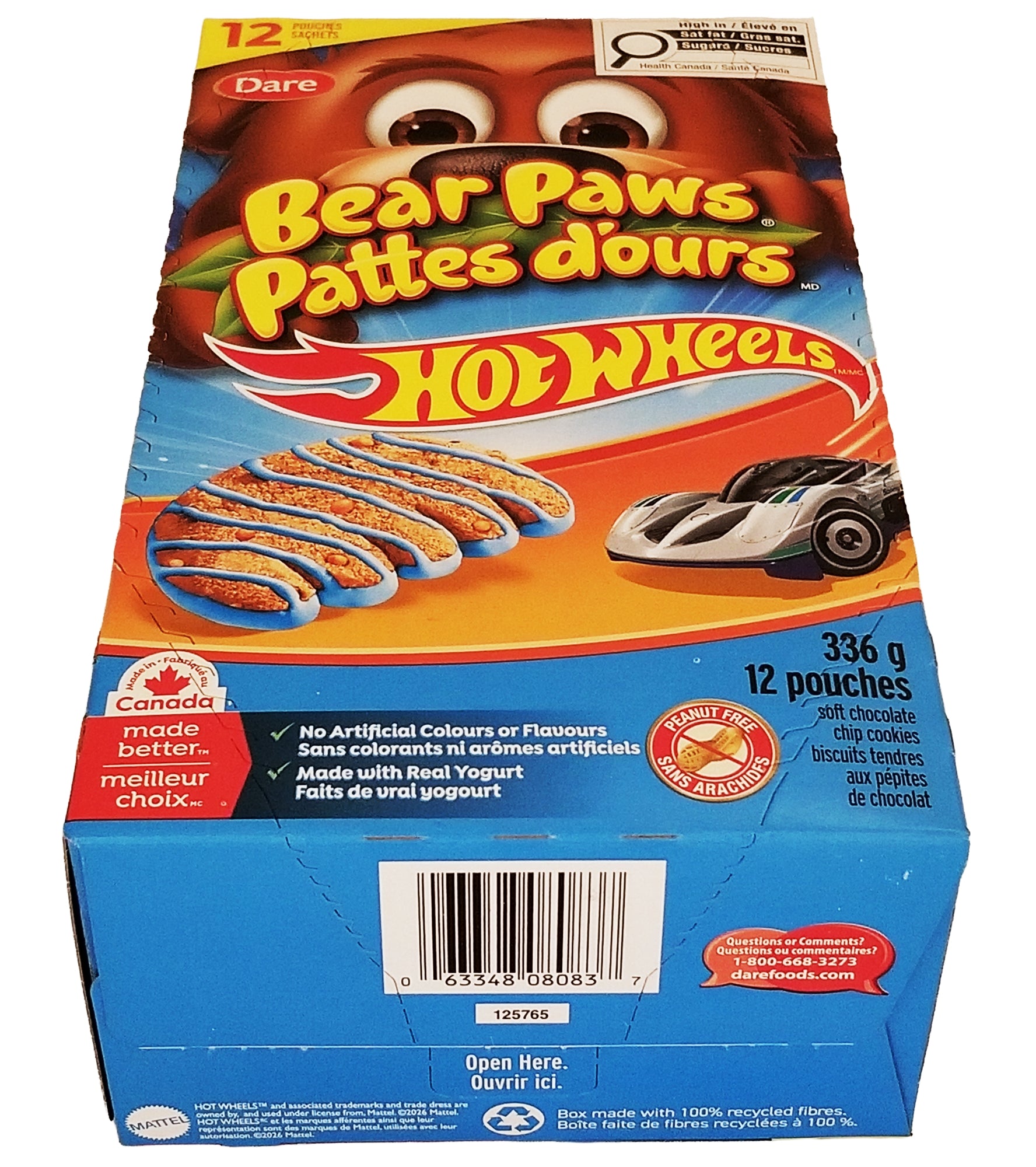 Dare Bear Paws Chocolate Chip Vanilla Cookies Hot Wheels 336g UPC barcode