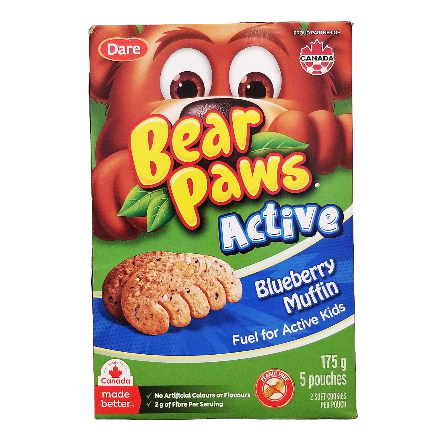 Bear Paws Active Blueberry Muffin Cookies 175g front of package, peanut-free, by Dare
