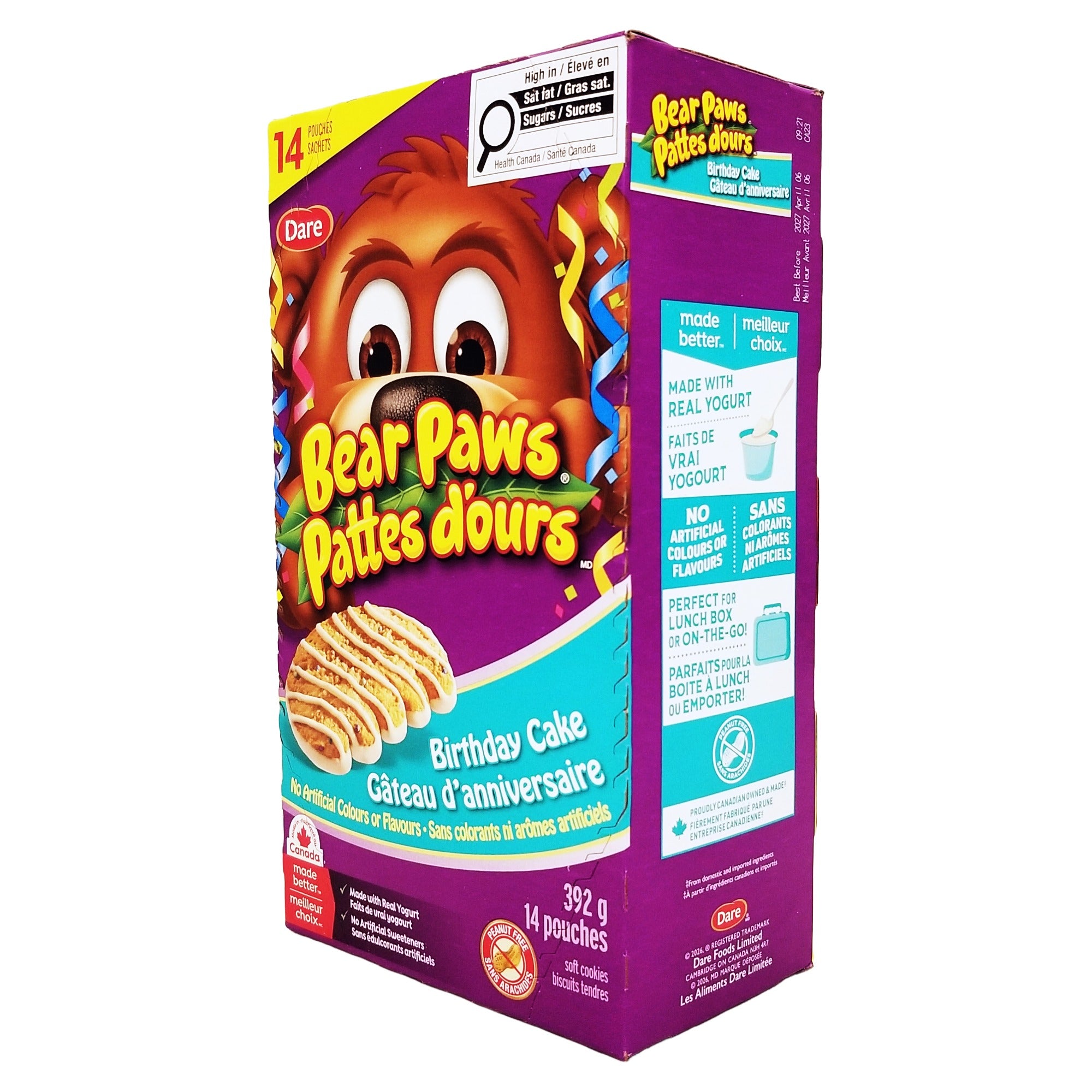 Angled Bear Paws Birthday Cake Cookies box showing the front and real-yogurt and lunchbox messaging.