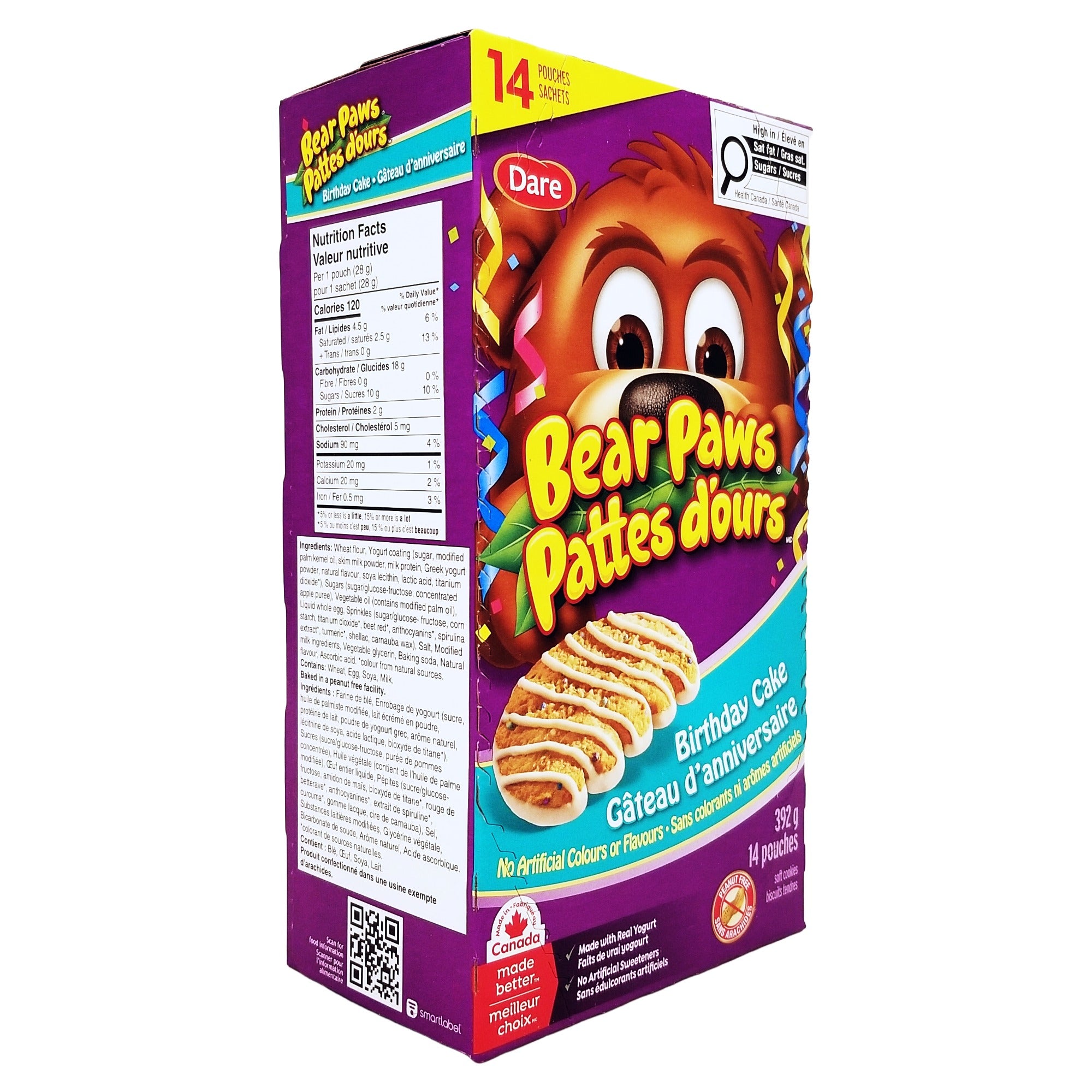 Angled Bear Paws Birthday Cake Cookies 392 g box showing the front, nutrition, and ingredients panel.
