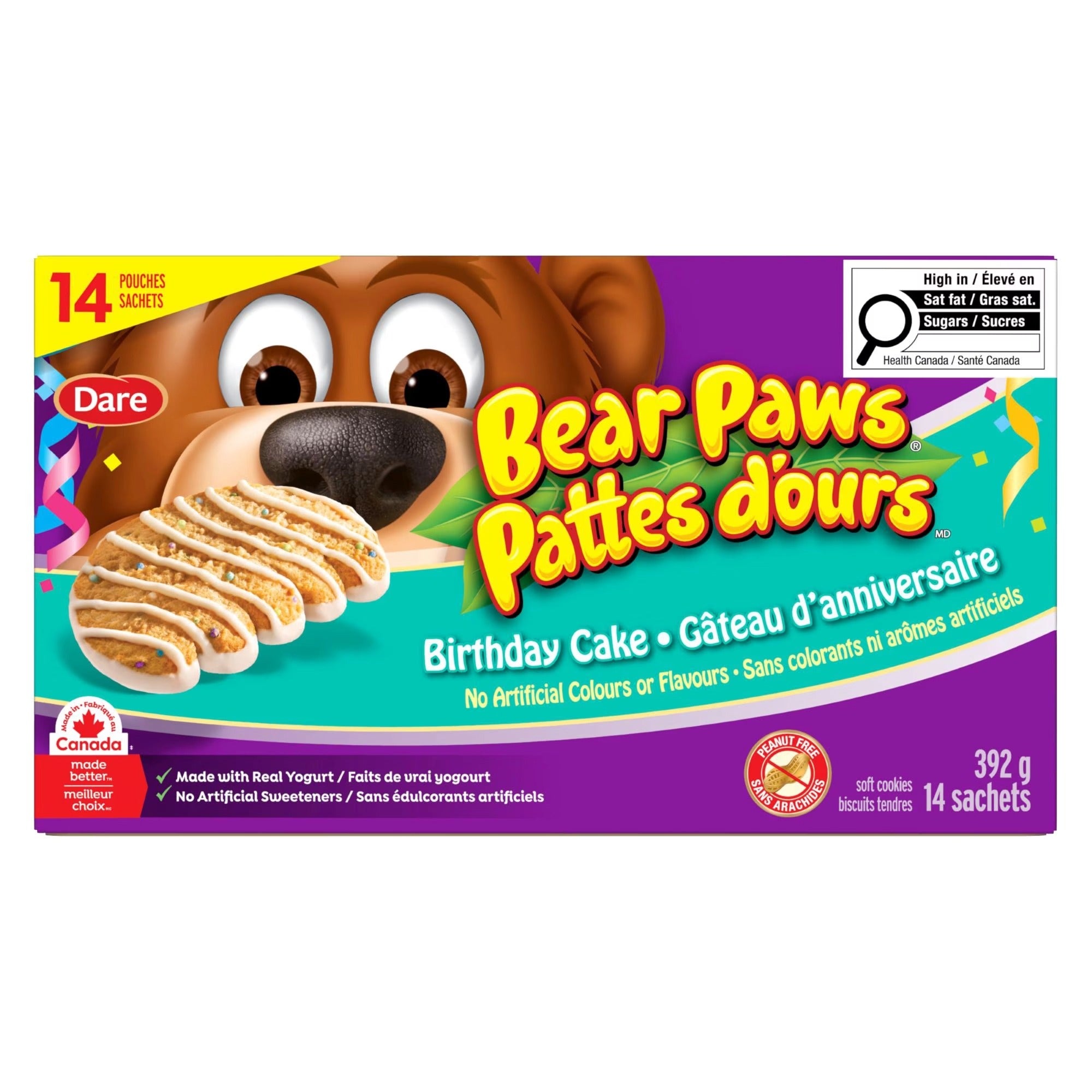 Horizontal front of Dare Bear Paws Birthday Cake Cookies 392 g box, with 14 pouches and yogurt-coated cookie illustrations.