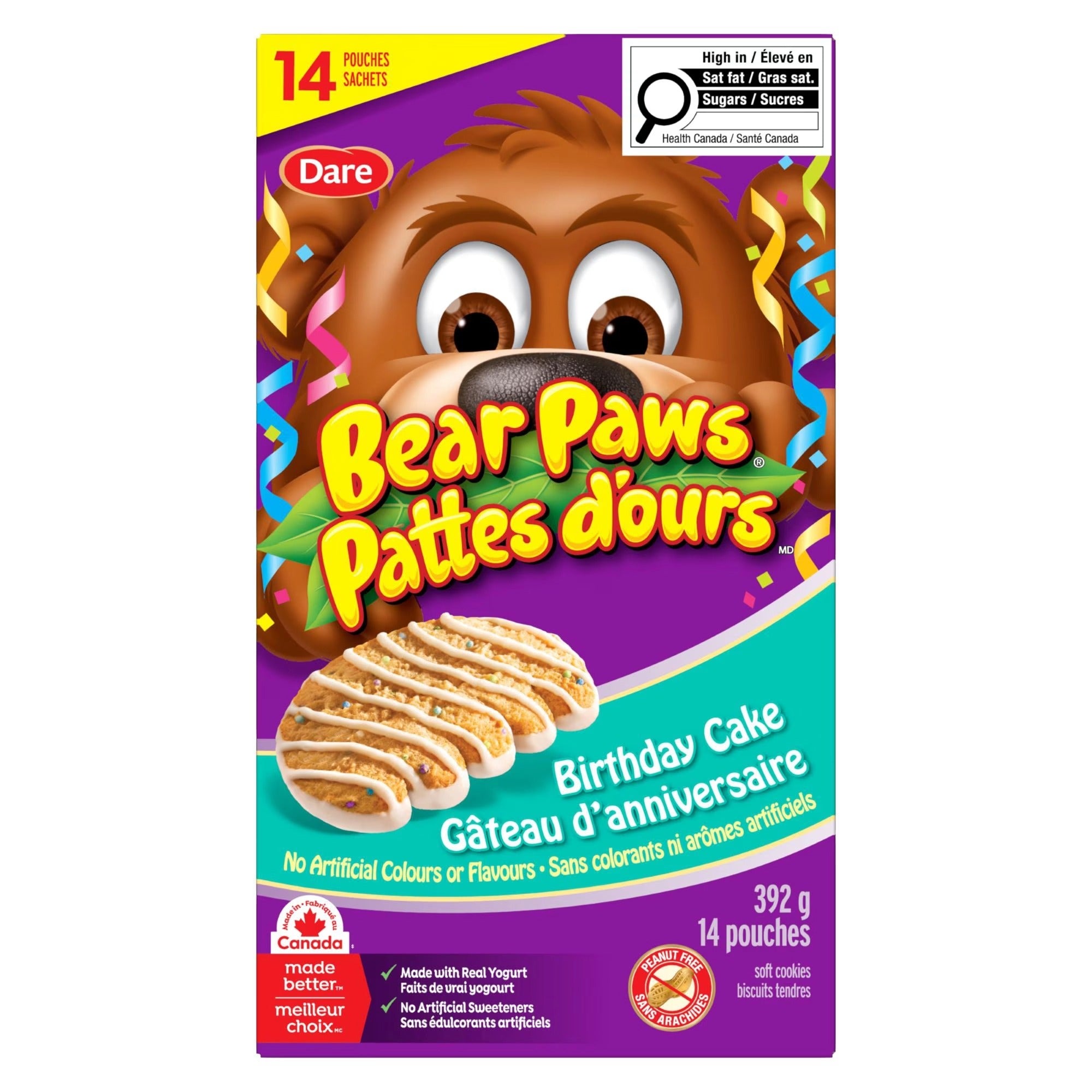 Dare Bear Paws Birthday Cake Cookies upright 392 g box, 14 pouches, with yogurt-coated cookies and bear mascot.