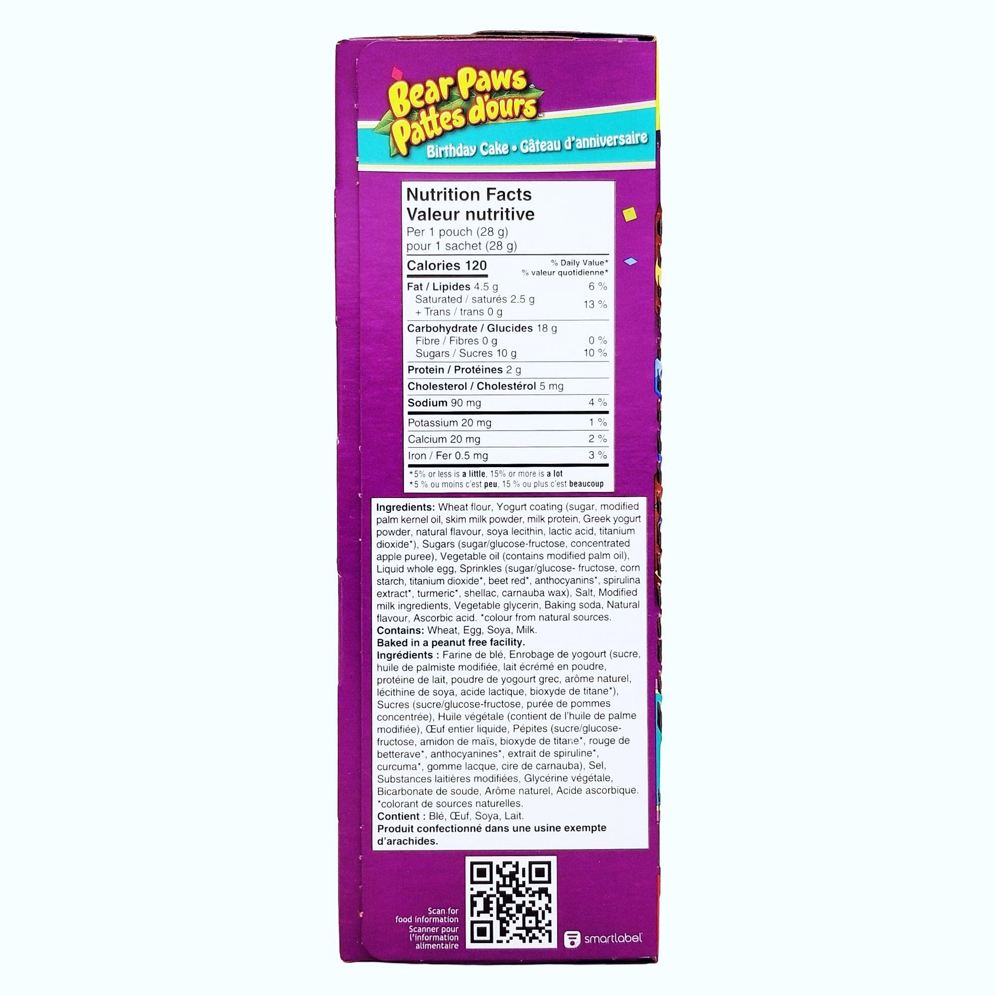 Bear Paws Birthday Cake Cookies side panel with bilingual nutrition, ingredients, allergen information, and QR code.